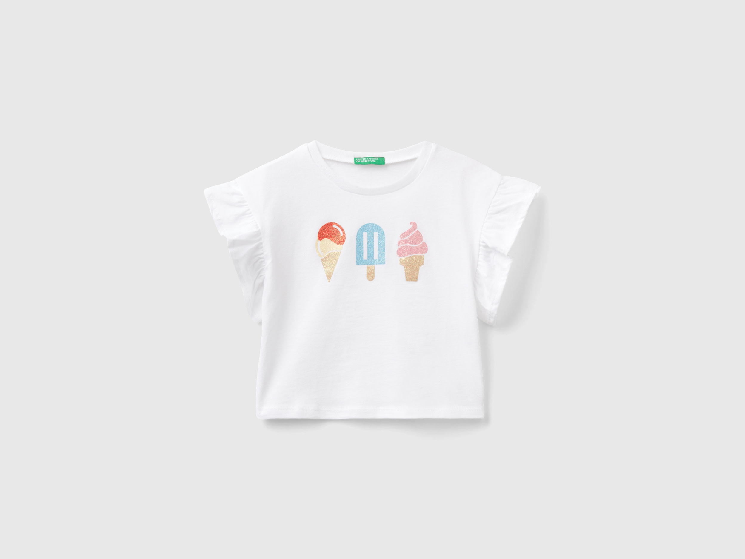 Image of Benetton, T-shirt With Ice-cream Print And Glitter, size 104, White, Kids