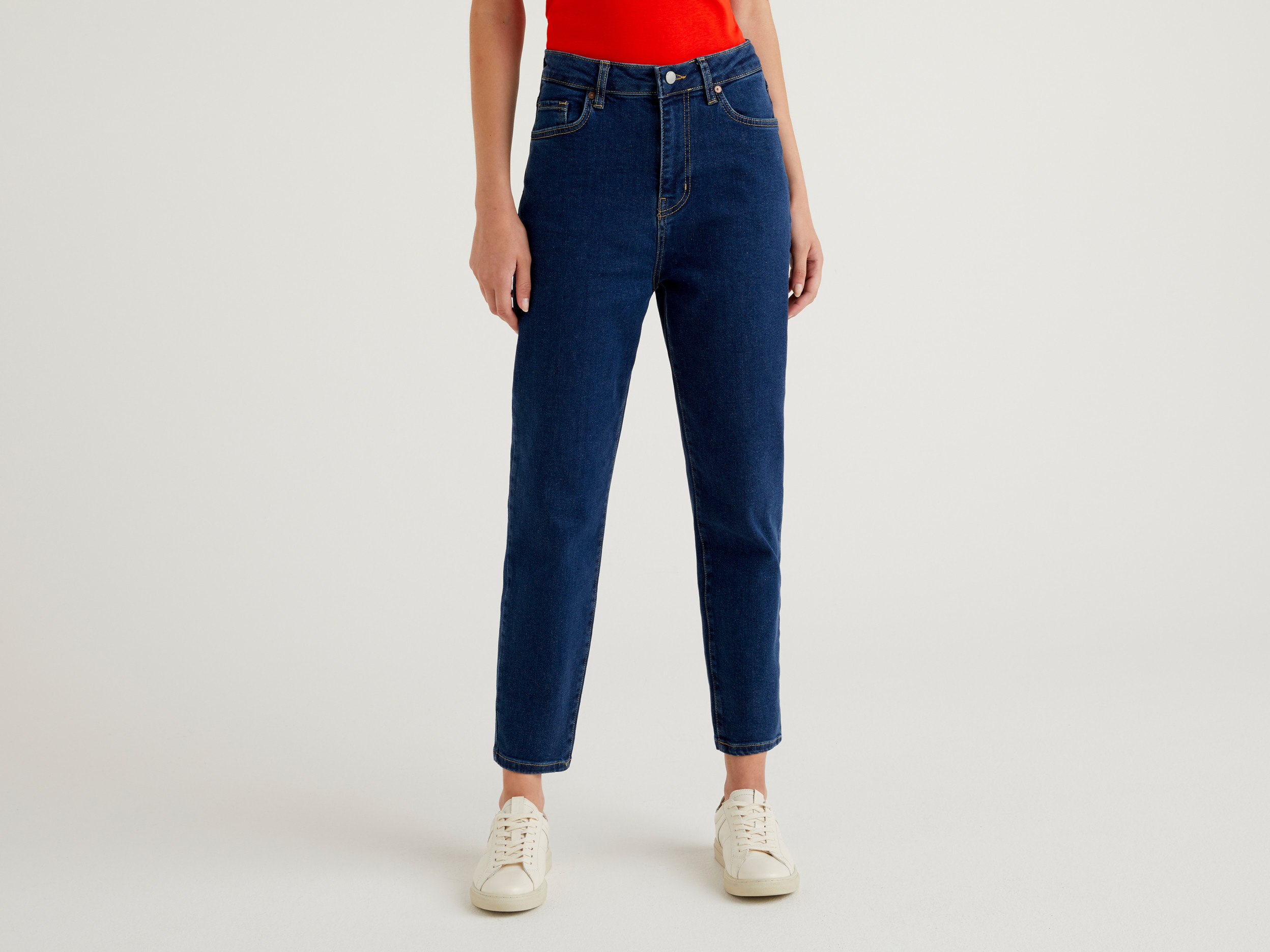 Benetton, Jeans Cropped Mom Fit, taille 34, Bleu, Femme