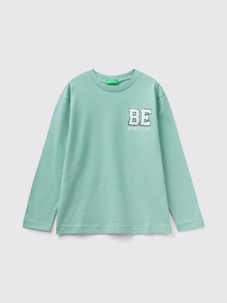 Benetton, T-shirt Chaud En 100 % Coton Bio, Bleu Vert, Enfants