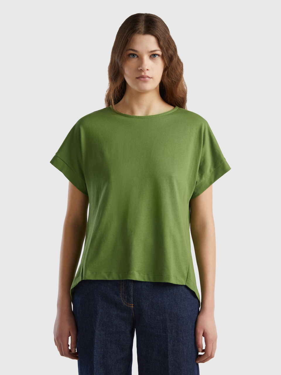 Benetton, T-shirt Manica A Kimono, Verde Militare, Donna
