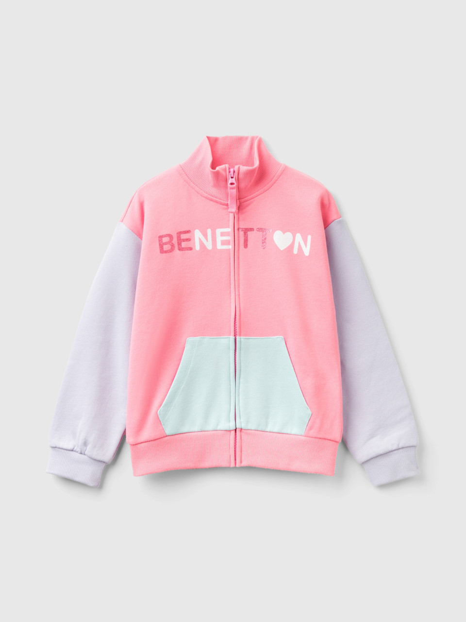 Benetton, Sweatshirt With Zip And Collar, Pink, Kids