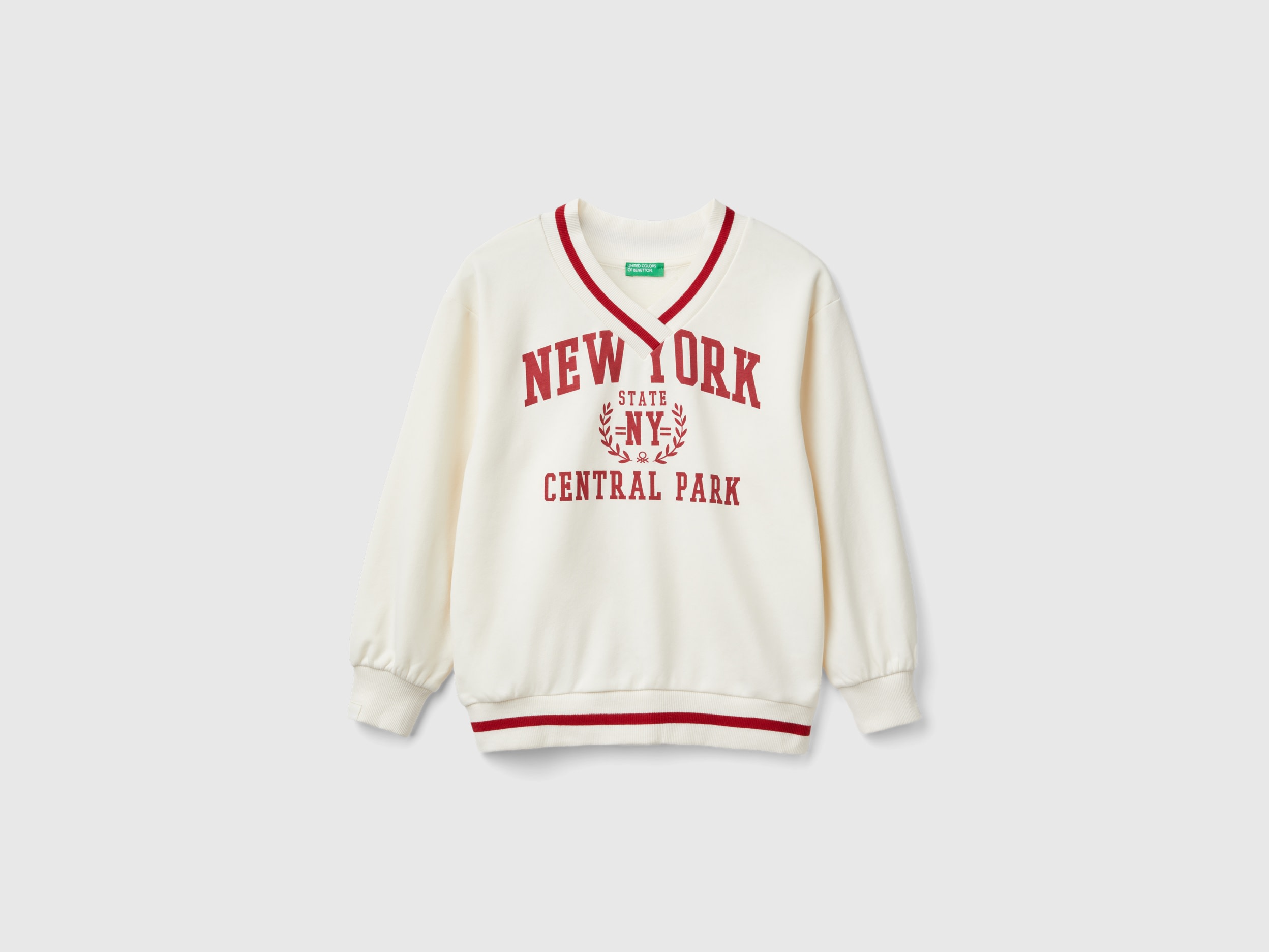 Benetton, Felpa Con Scollo A V, Bianco Panna, Bambini
