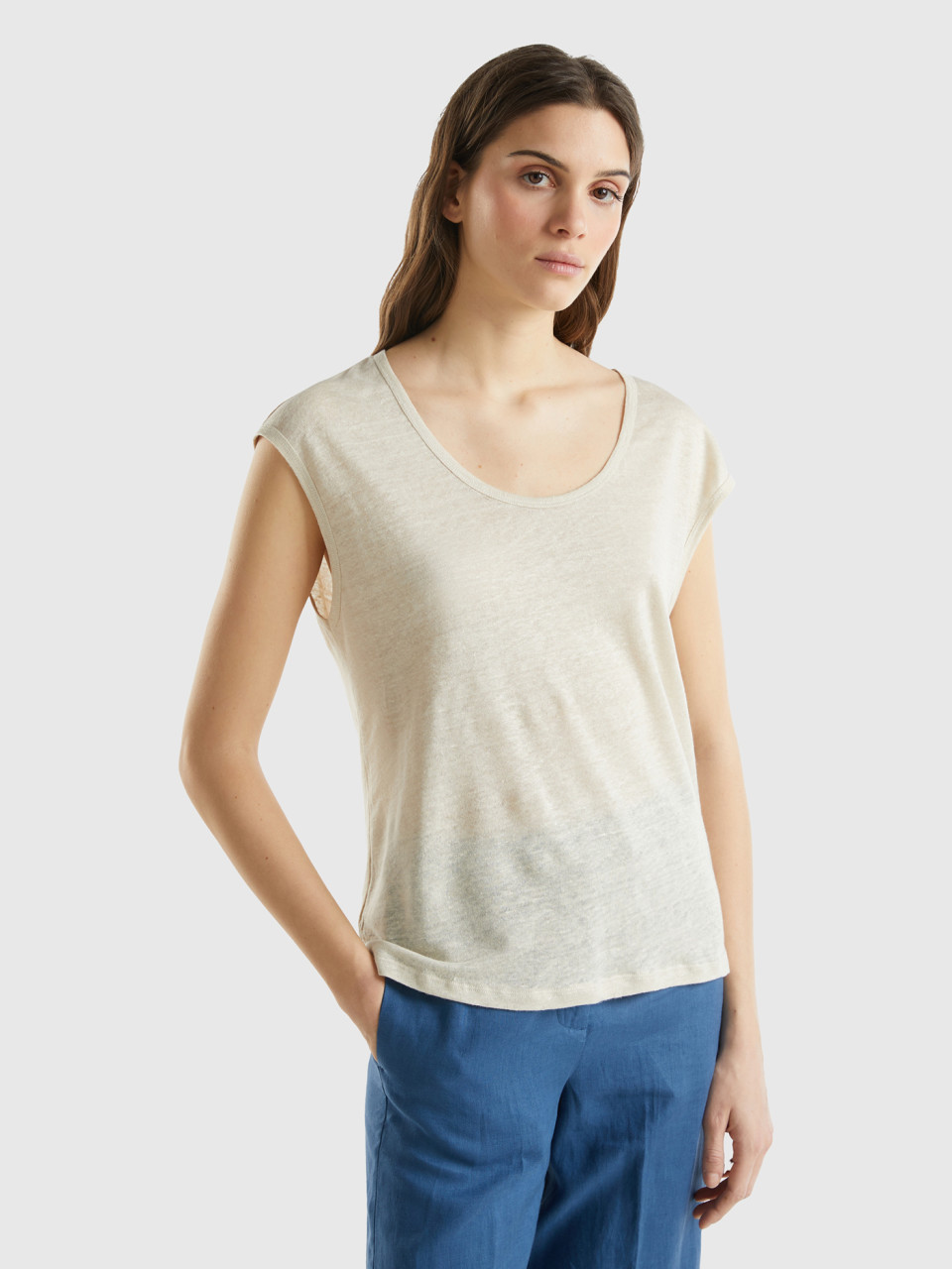 Benetton, Wide Neck T-shirt In Pure Linen, Beige, Women