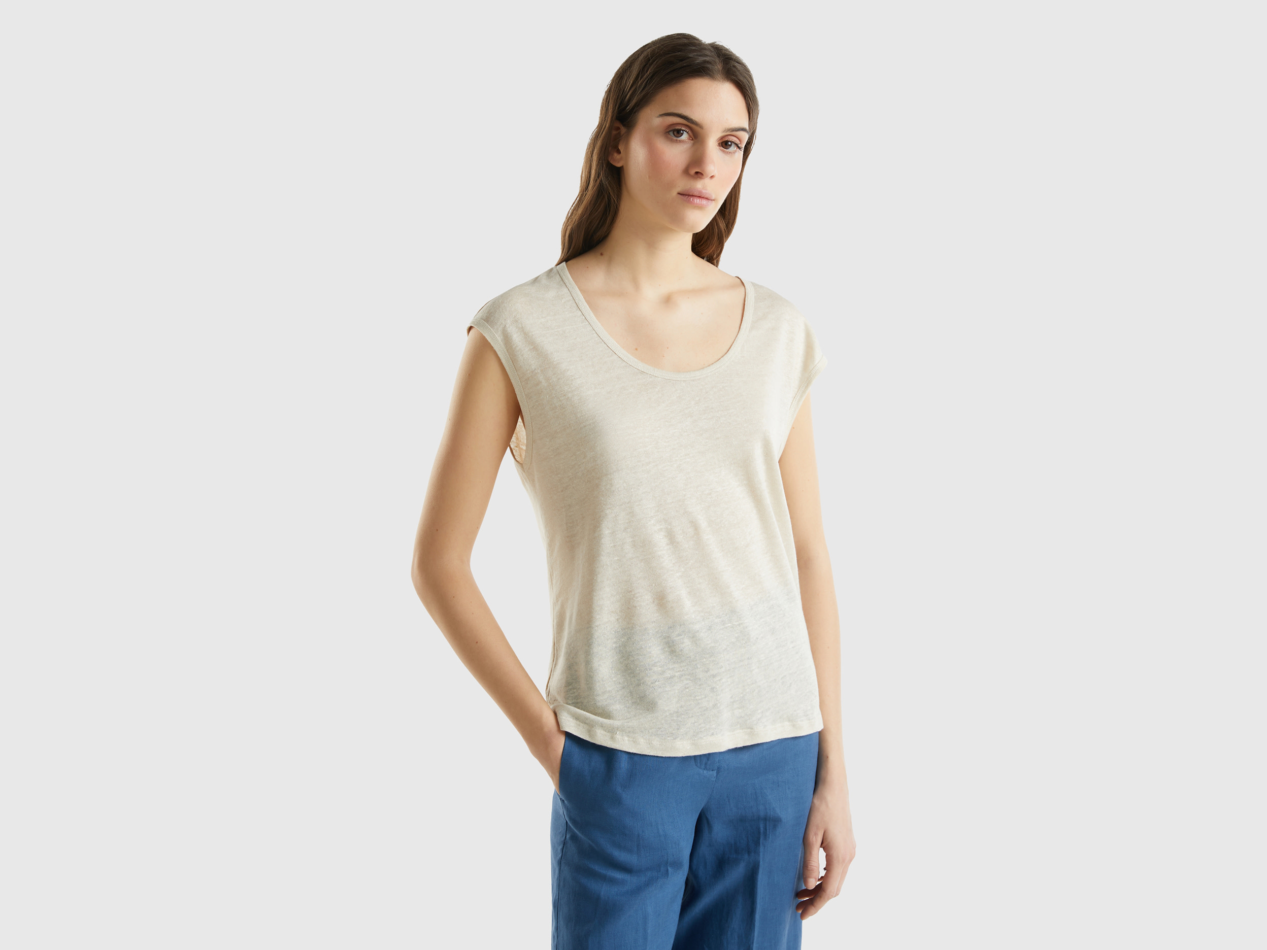 Benetton, Maglietta Scollo Ampio In Puro Lino, Beige, Donna
