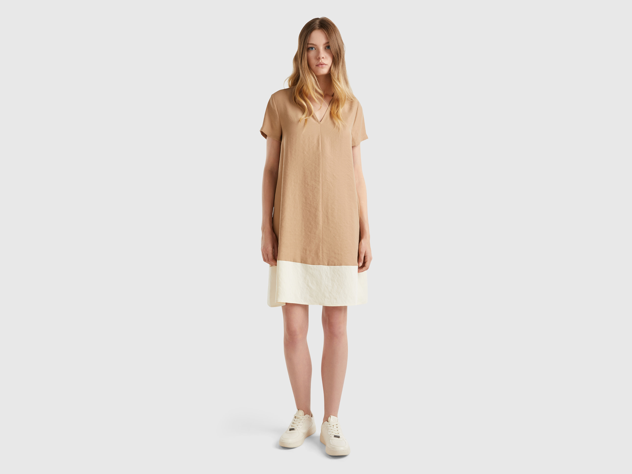 Benetton, Vestito Svasato In Misto Modal®, Cammello, Donna