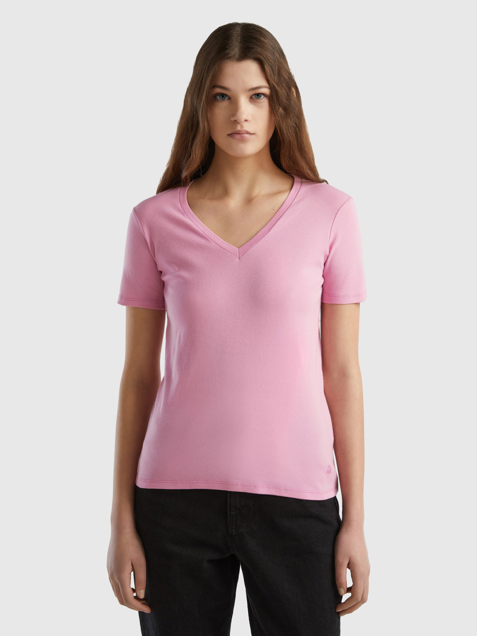 Benetton, Camiseta De Algodón Puro Con Escote De Pico, Rosa Pastel, Mujer