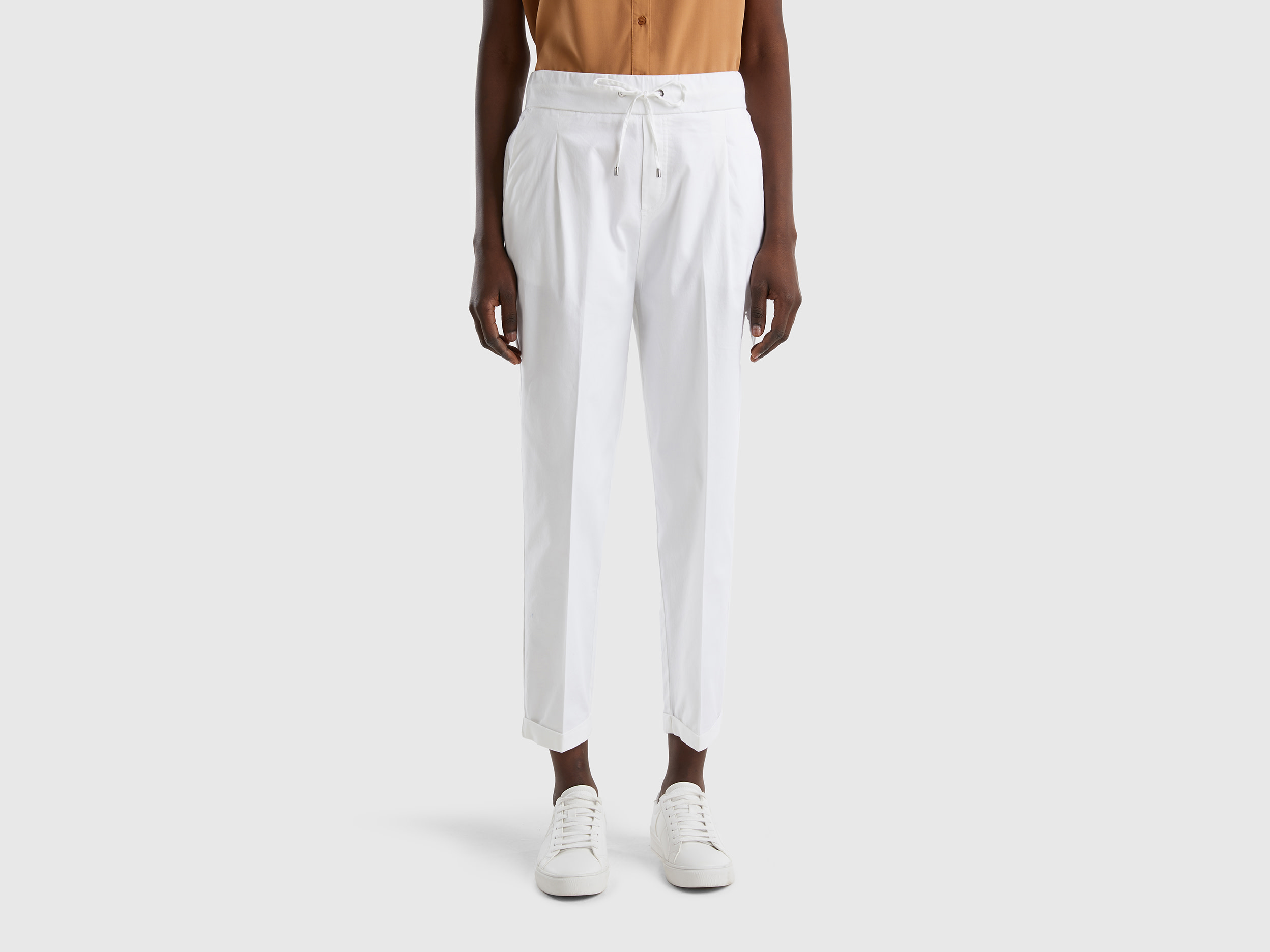 Benetton, Joggers In Cotone Elasticizzato, Bianco, Donna
