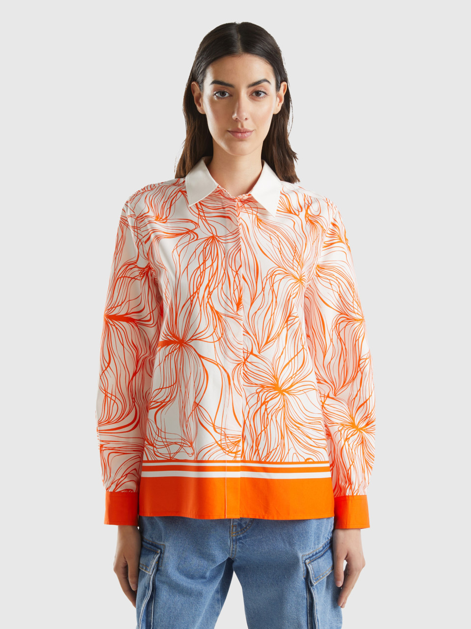 Benetton, Patterned Shirt In Sustainable Viscose, Orange, Women