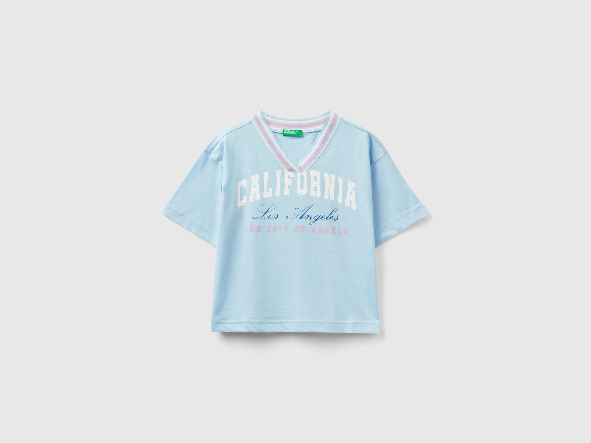 Benetton, T-shirt Boxy Fit Stile College, Celeste, Bambini