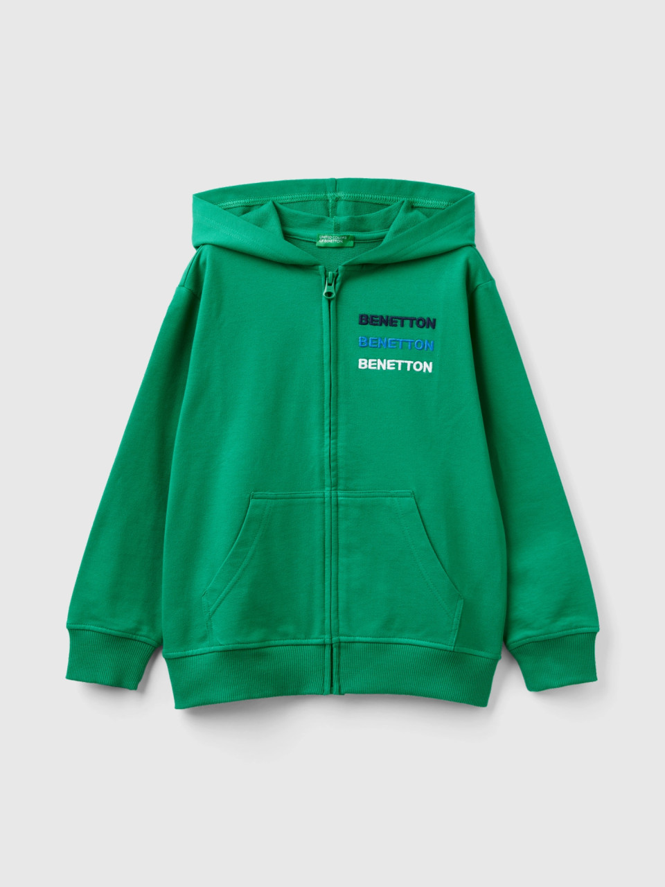 Benetton, Felpa Con Zip E Cappuccio, Verde, Bambini