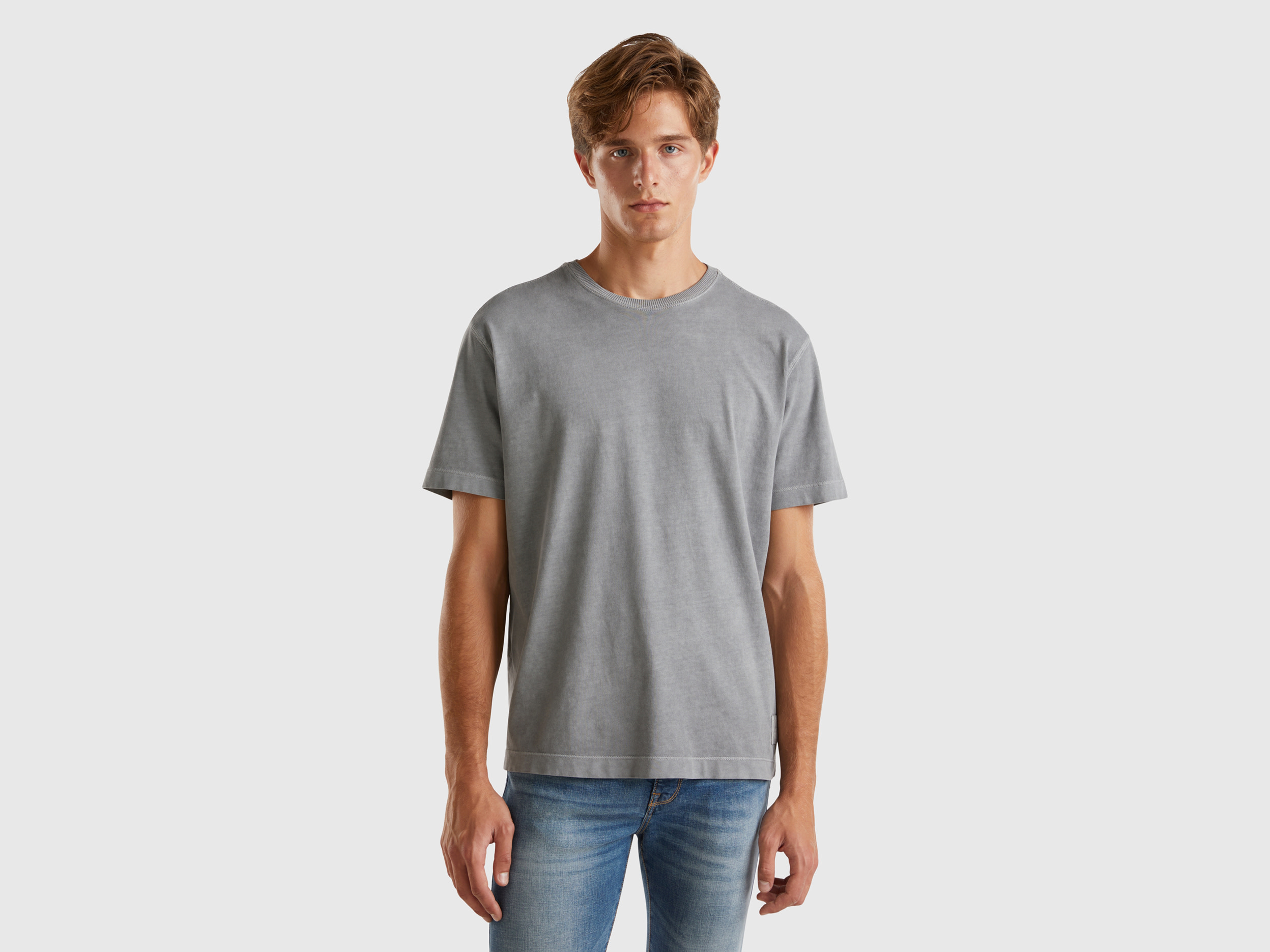 Benetton, T-shirt In Cotone Bio, Grigio, Uomo