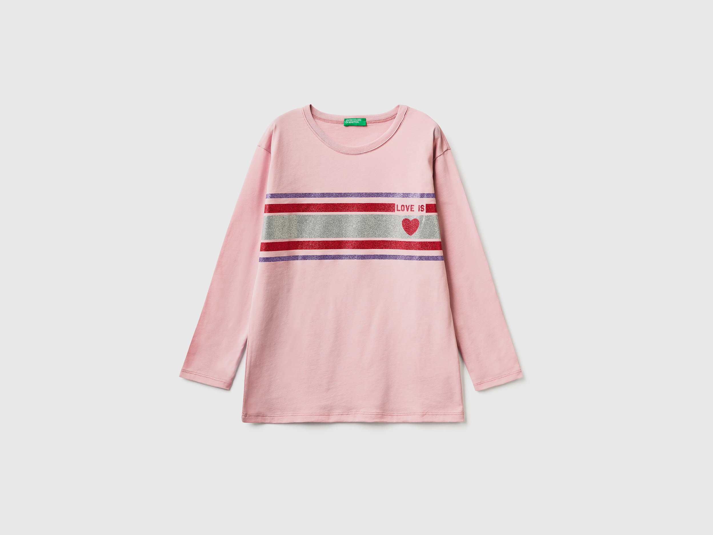 Benetton, Long T-shirt With Glitter Print, size M, Pink, Kids