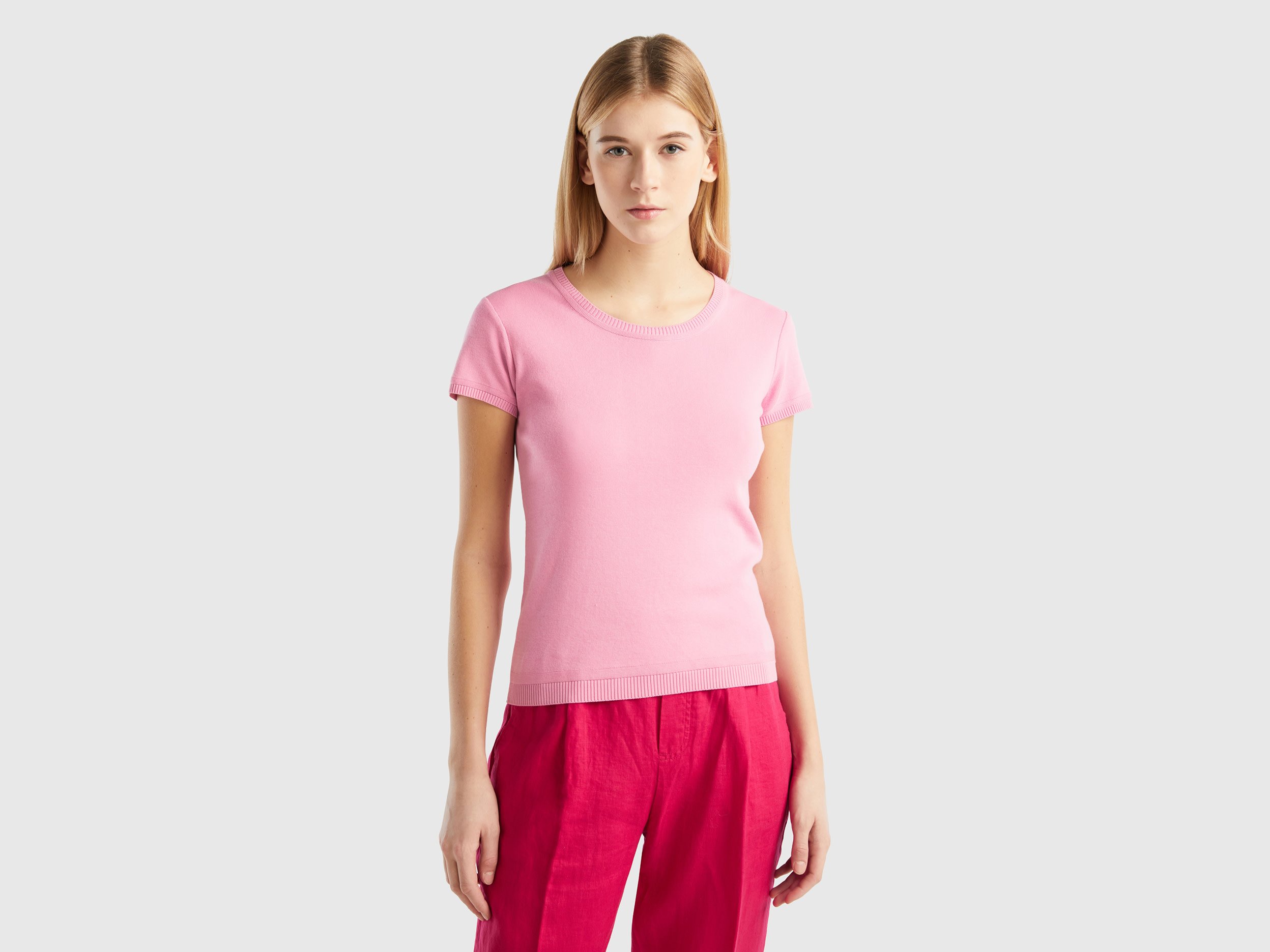 Benetton, Short Sleeve Sweater In 100% Cotton, size M, Pastel Pink, Women