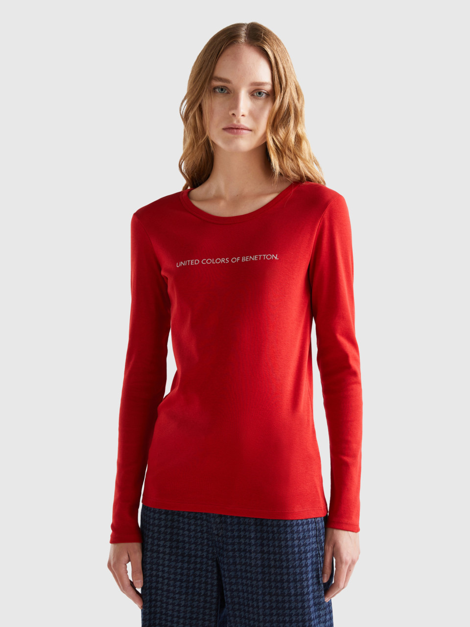 Benetton, T-shirt Rouge À Manches Longues, Rouge, Femme