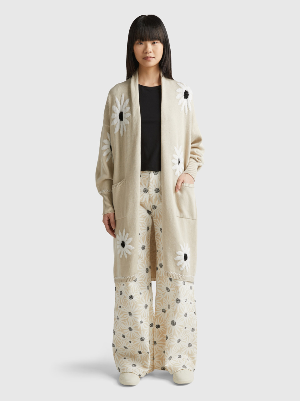 Benetton, Long Cardigan With Floral Inlay, Beige, Women