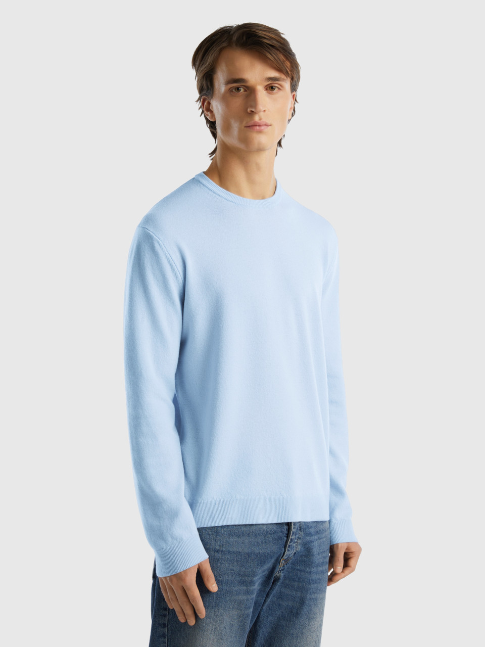 Benetton, Light Blue Crew Neck Sweater In Pure Merino Wool, Sky Blue, Men
