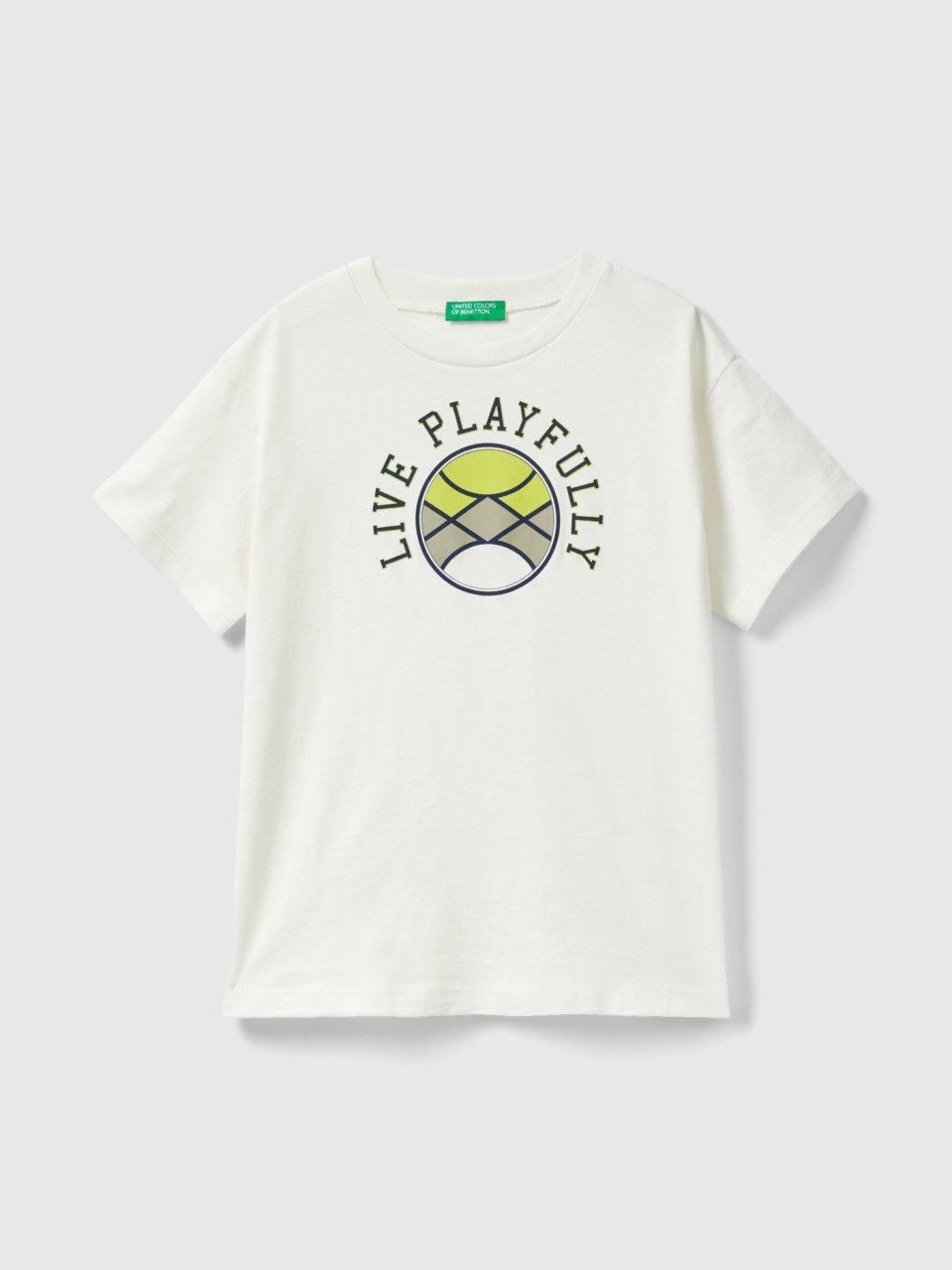 Benetton, Kurzärmeliges T-shirt Aus Bio-baumwolle, Cremeweiss, male