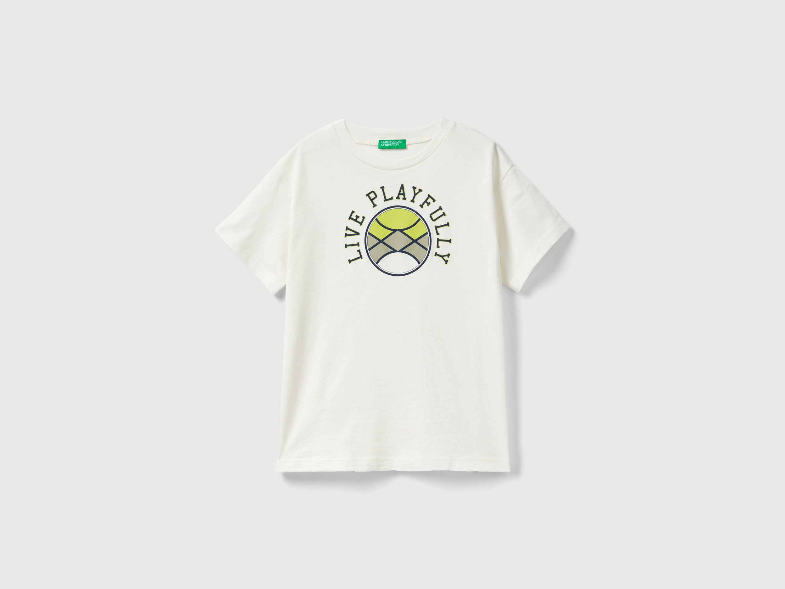 Image of Benetton, Short Sleeve T-shirt In Organic Cotton, size 2XL, Creamy White, Kids