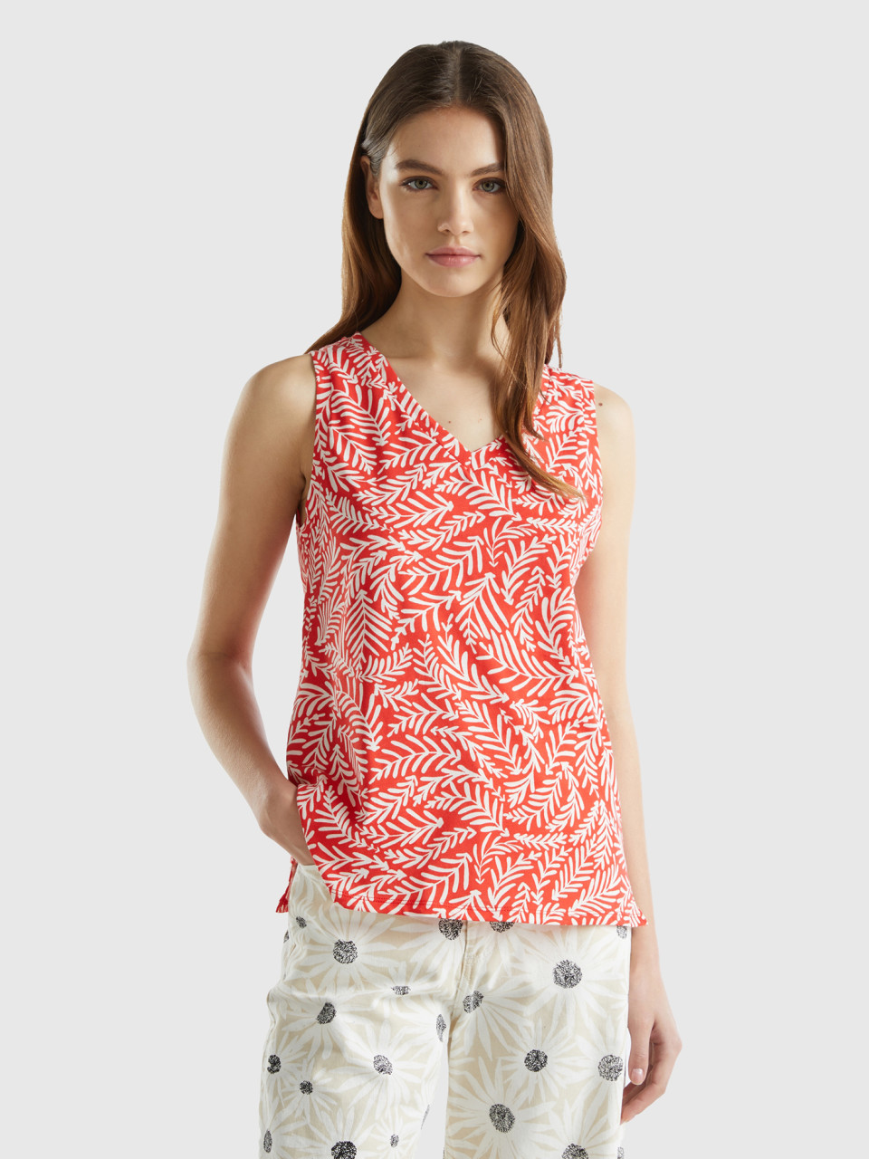 Benetton, Tank Top With Tropical Print, Red, Women