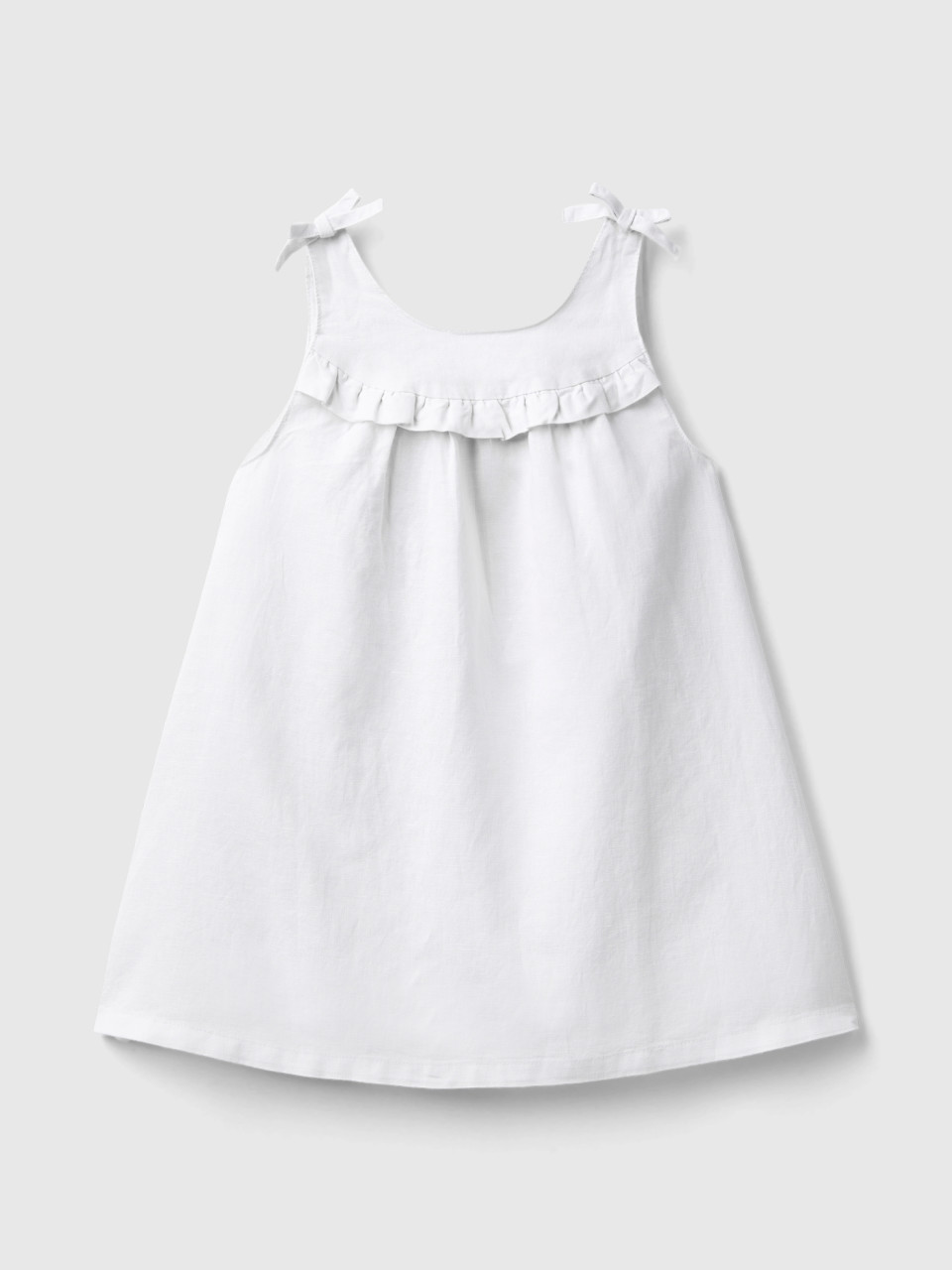 Benetton, Linen Blend Dress With Rouches, White, Kids