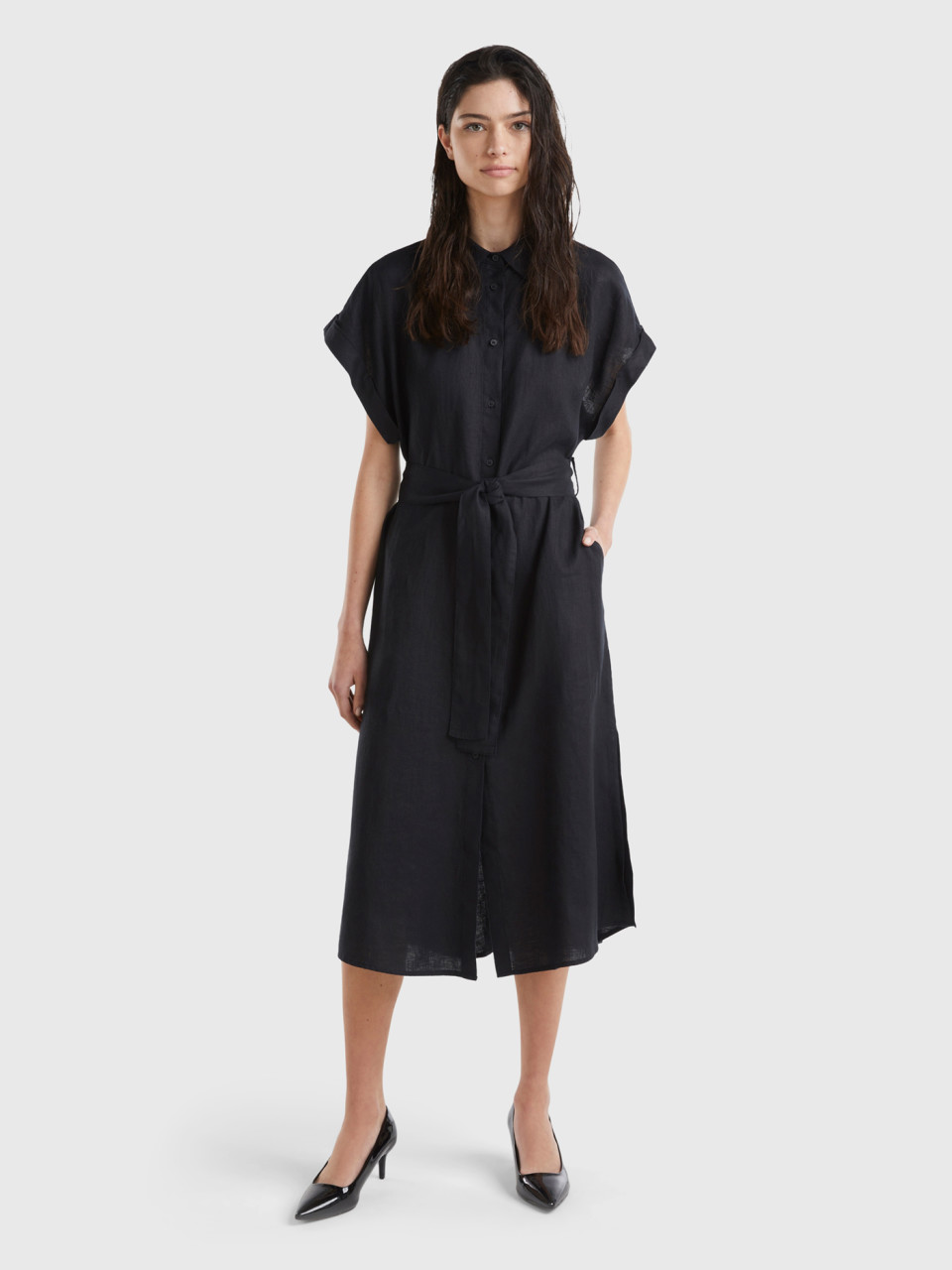 Benetton, Midi Shirt Dress In Pure Linen, Black, Women