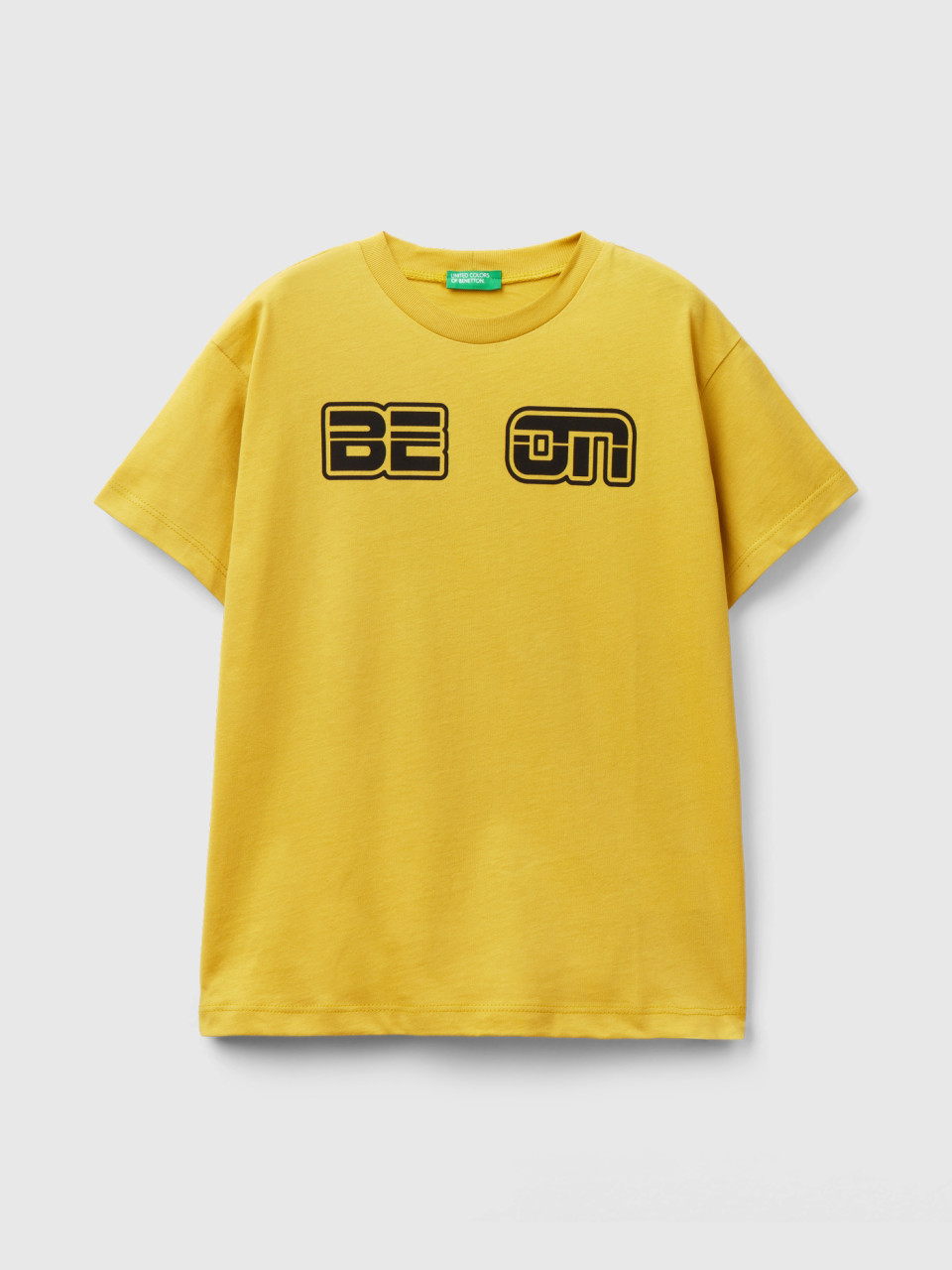 Benetton, T-shirt 100% Cotone Bio Con Logo, Senape, Bambini