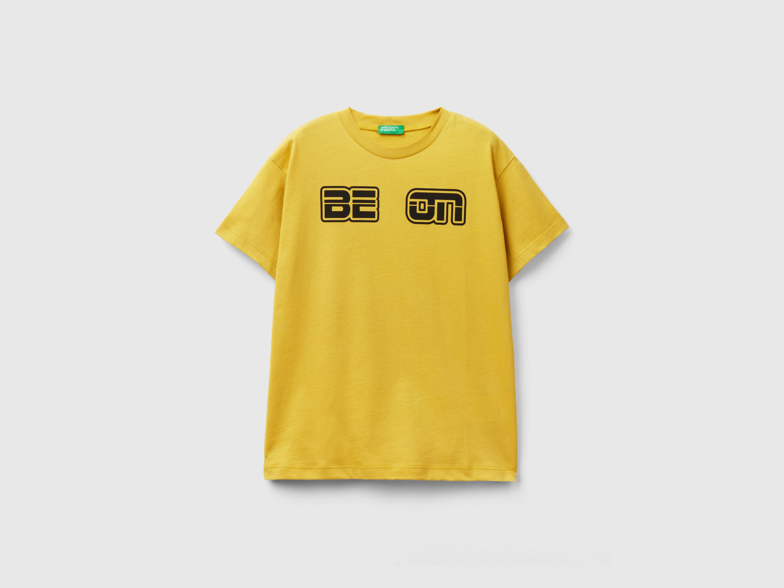 Image of Benetton, 100% Organic Cotton T-shirt With Logo, size M, Mustard, Kids