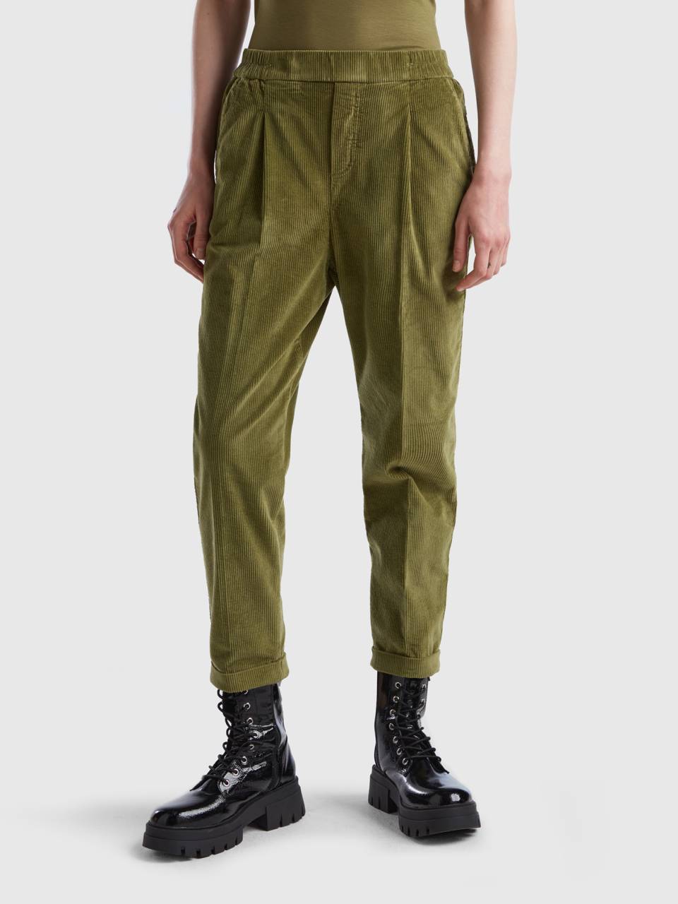 Chinos in velvet with Benetton Military | - stretch waist Green
