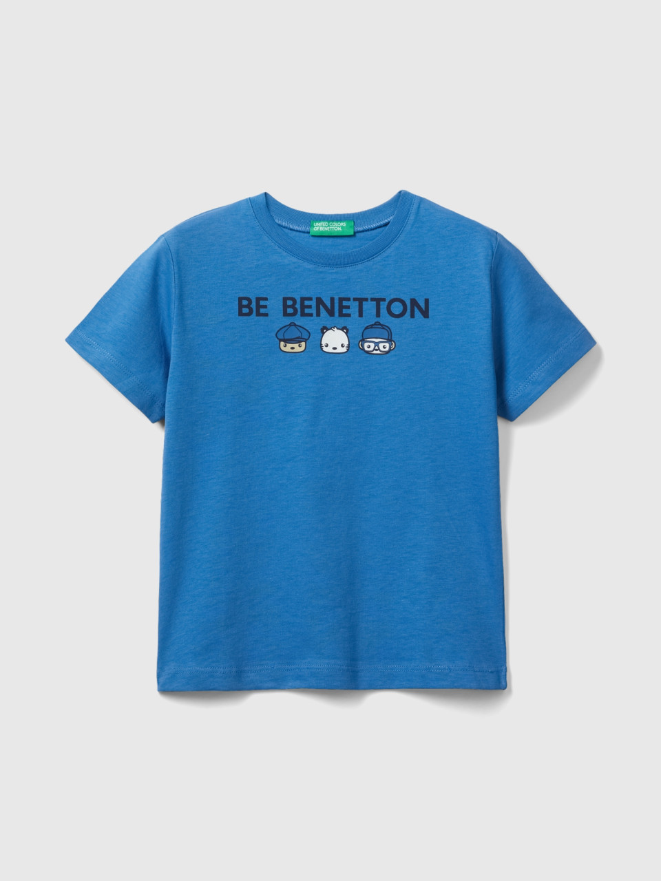 Benetton, T-shirt 100% Cotone Bio Con Stampa, Blu, Bambini