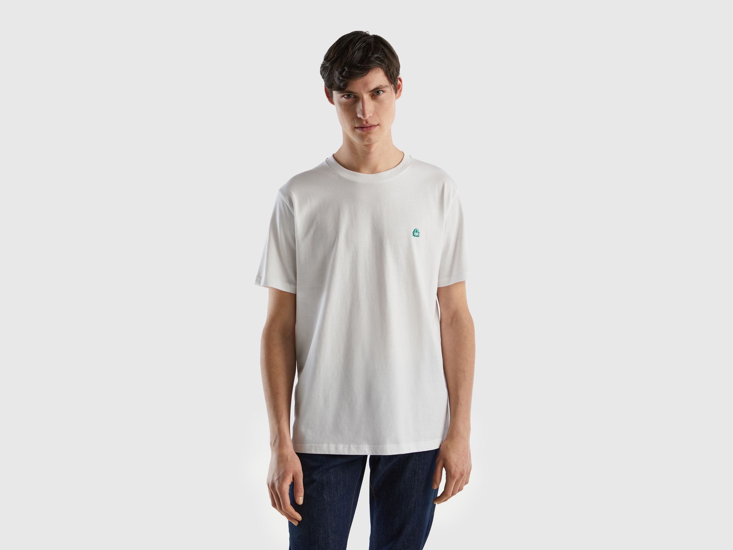 Benetton, T shirt Basica 100% Cotone Bio, Bianco, Uomo