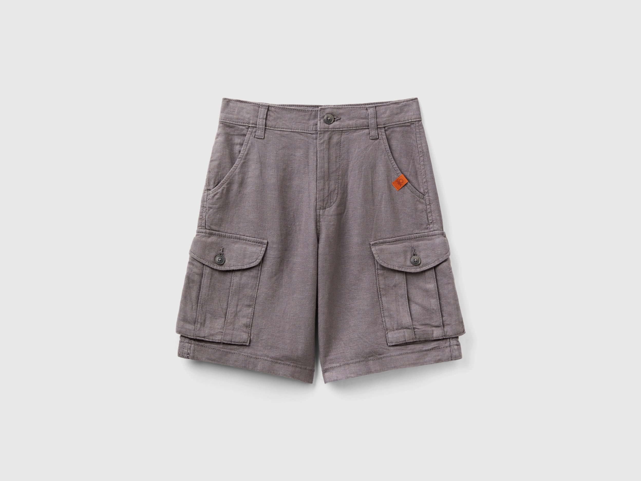 Benetton, Bermuda Cargo In Misto Lino, Grigio Scuro, Bambini