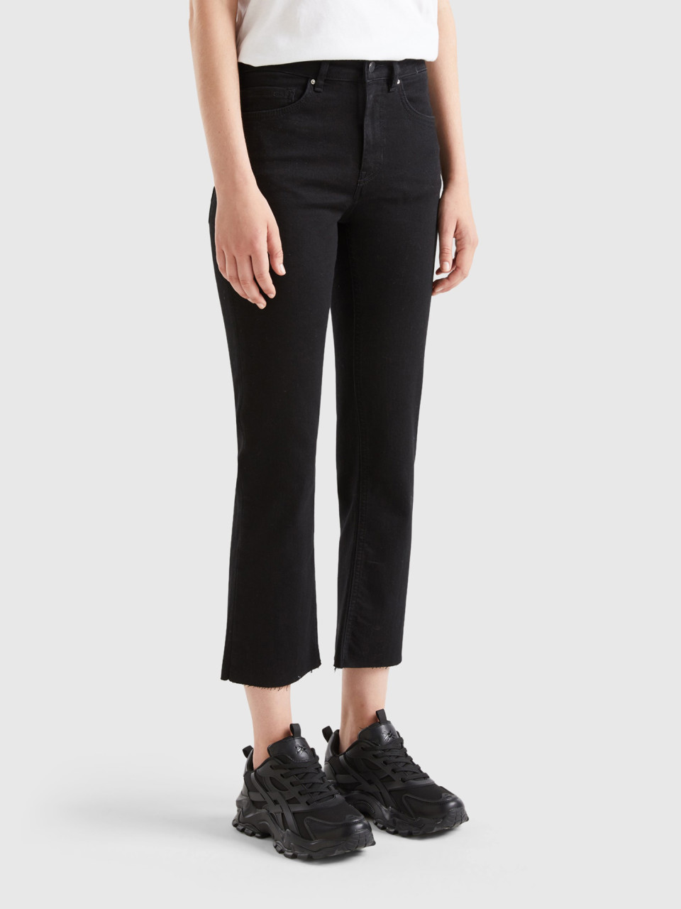 Benetton, Cropped Five-pocket Jeans, Black, Women