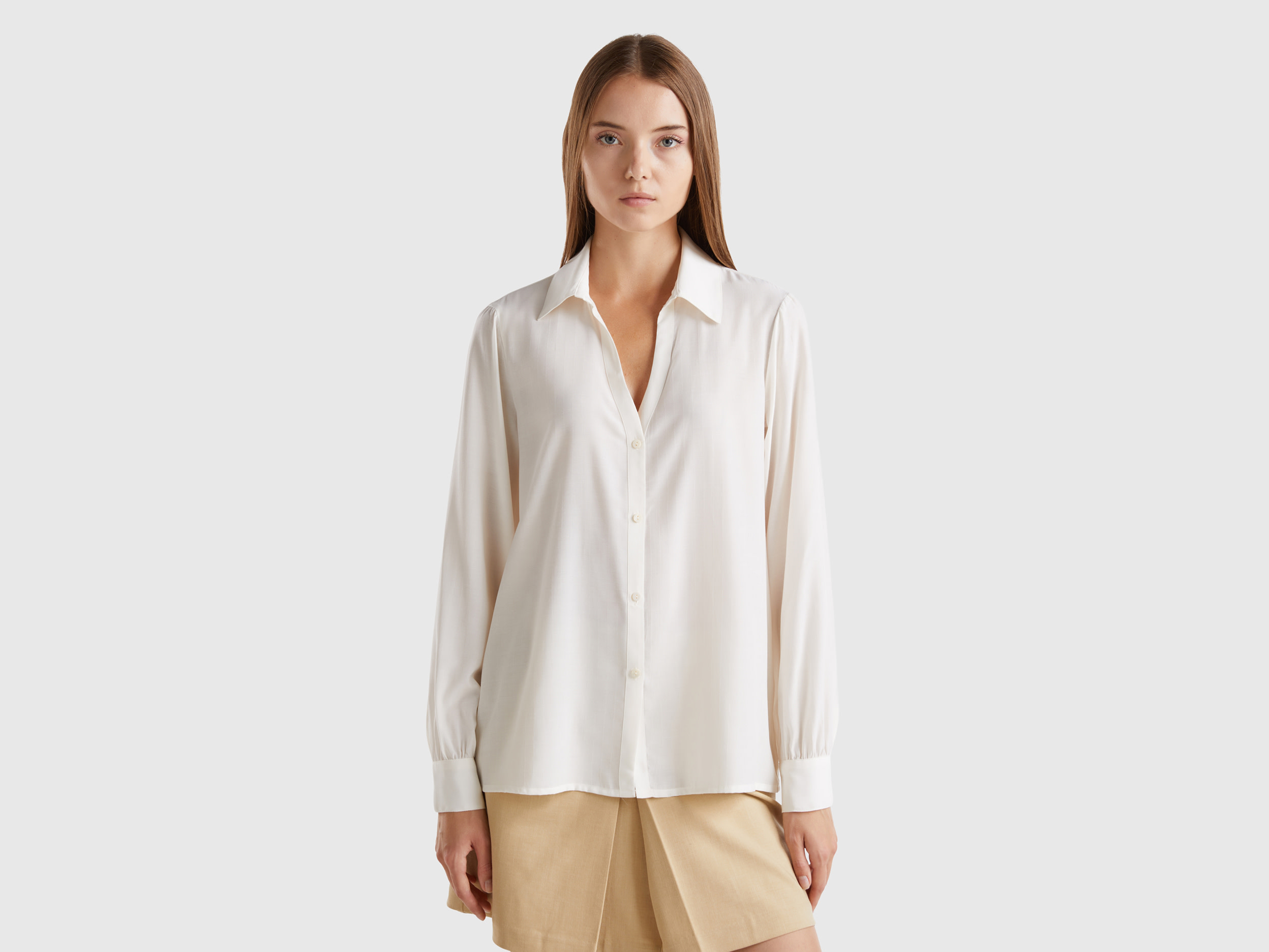 Benetton, Camicia Con Scollo A V, Bianco Panna, Donna