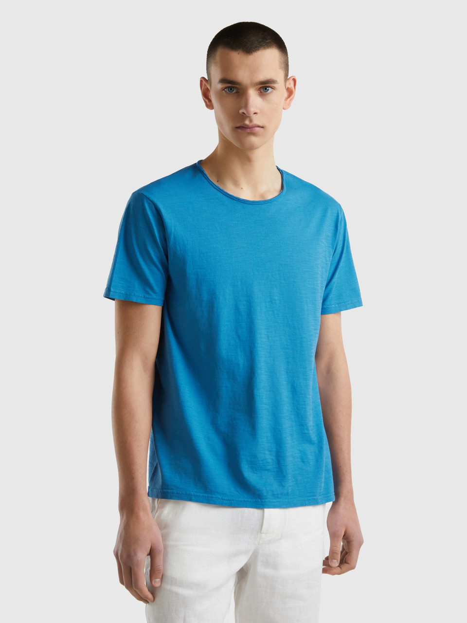 Benetton, Camiseta Azul De Algodón Flameado, Azul, Hombre
