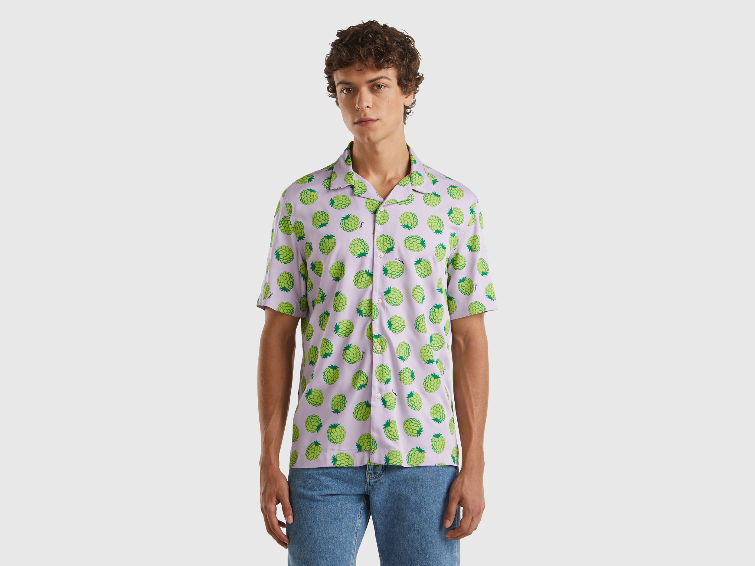 Benetton, Camicia Lilla Con Pattern More, Lilla, Uomo