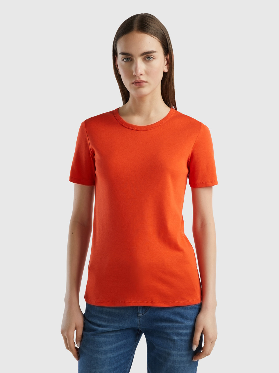 Benetton, T-shirt En Coton Longues Fibres, Rouge, Femme