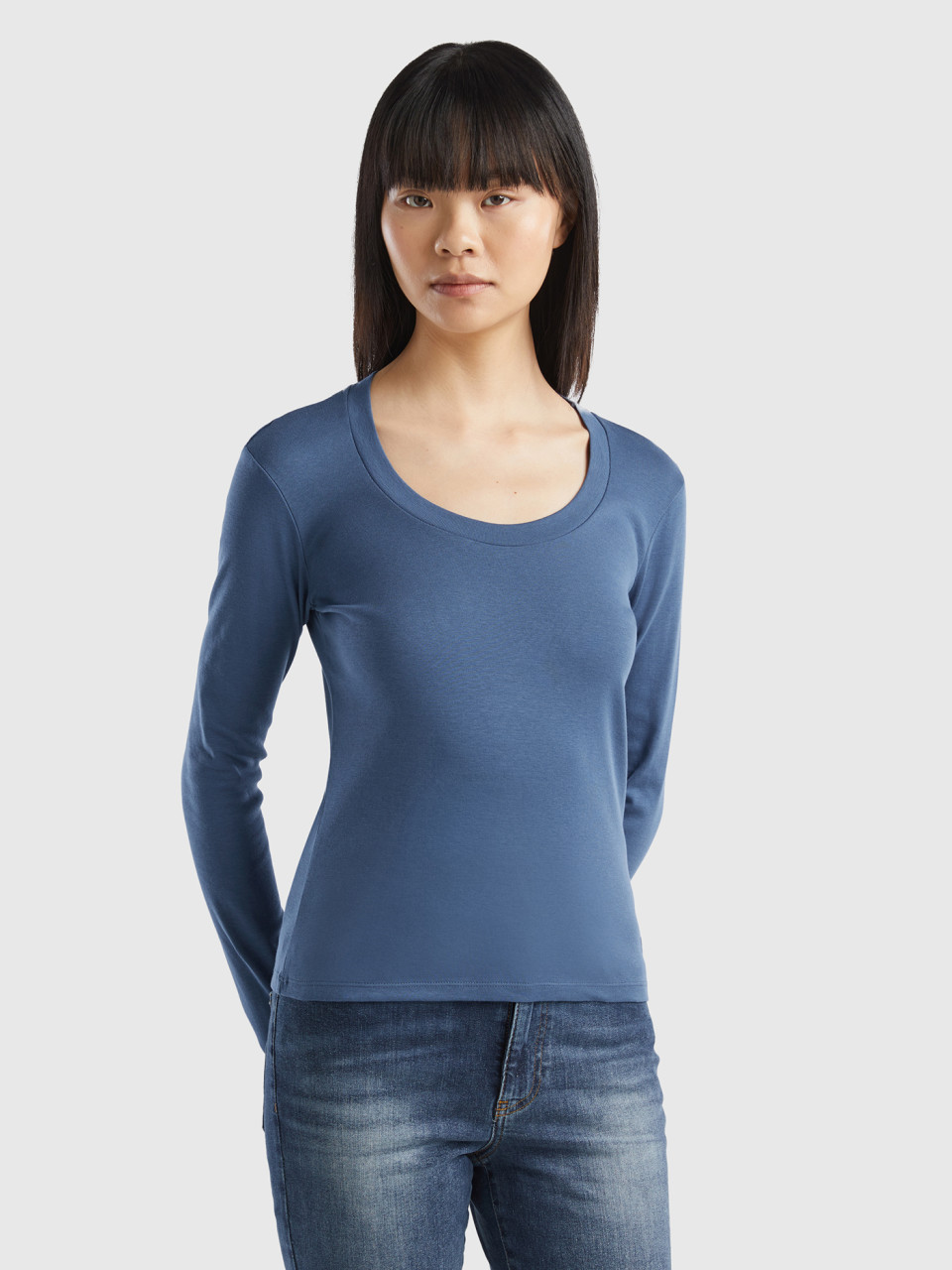 Benetton, T-shirt À Manches Longues En Pur Coton, Bleu Horizon, Femme