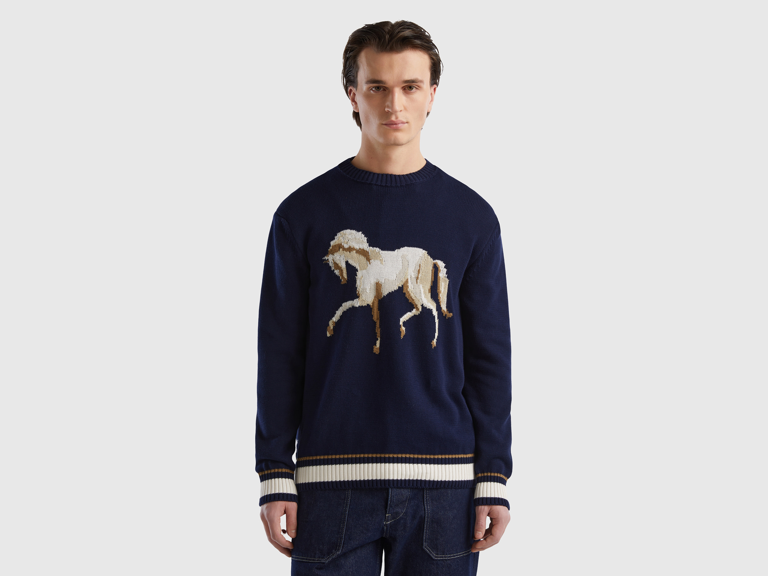 Benetton, Sweater With Horse Inlay, size M, Dark Blue, Men