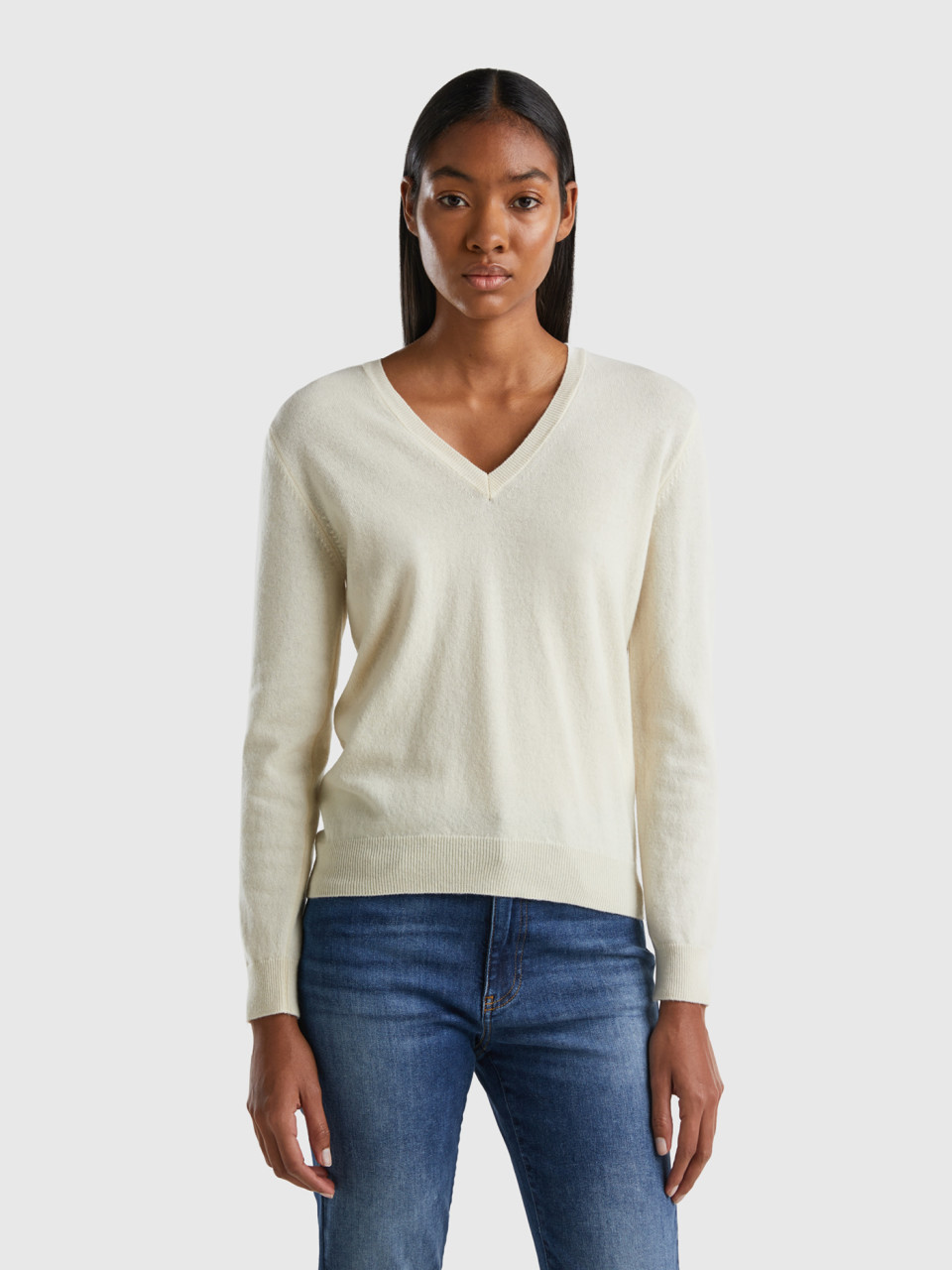 Benetton, Cream V-neck Sweater In Pure Merino Wool, Creamy White, Women