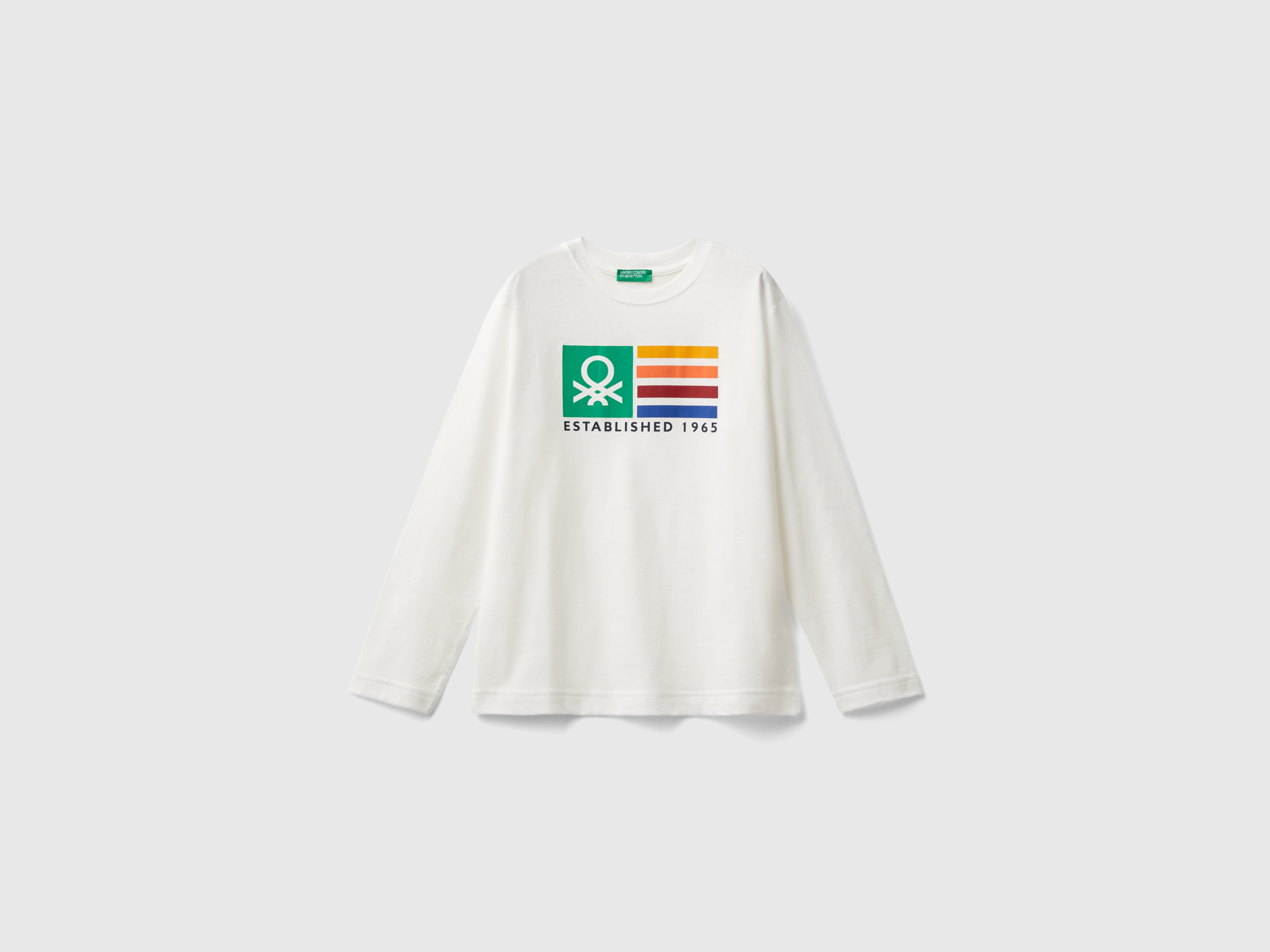 Benetton, T-shirt Manica Lunga 100% Cotone Bio, Bianco Panna, Bambini