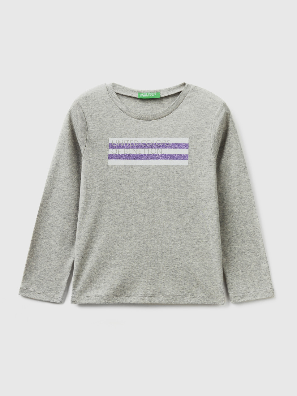 Benetton, Long Sleeve T-shirt With Glitter Print, Light Gray, Kids