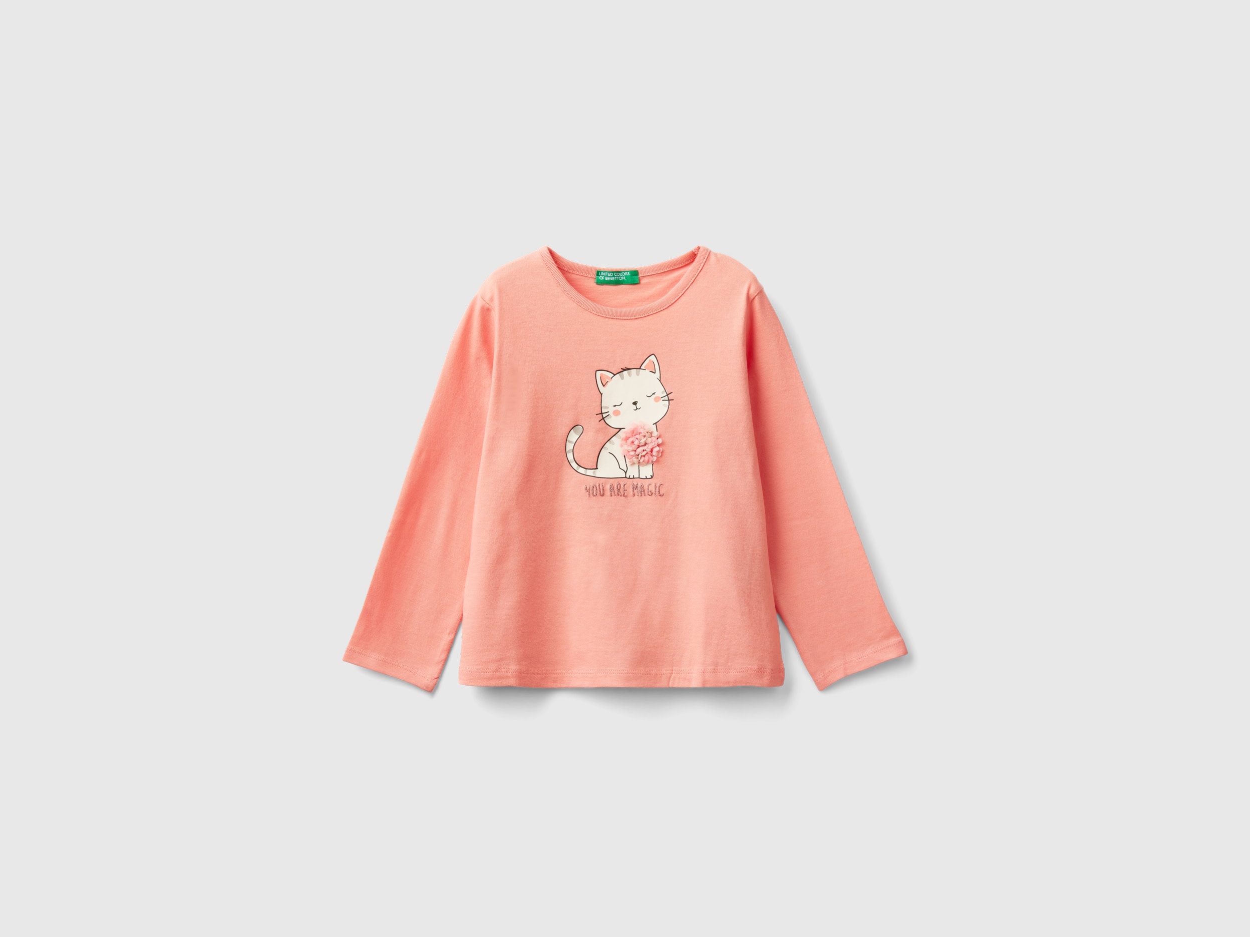Benetton, T-shirt Con Applicazione Effetto Petali, Pesca, Bambini