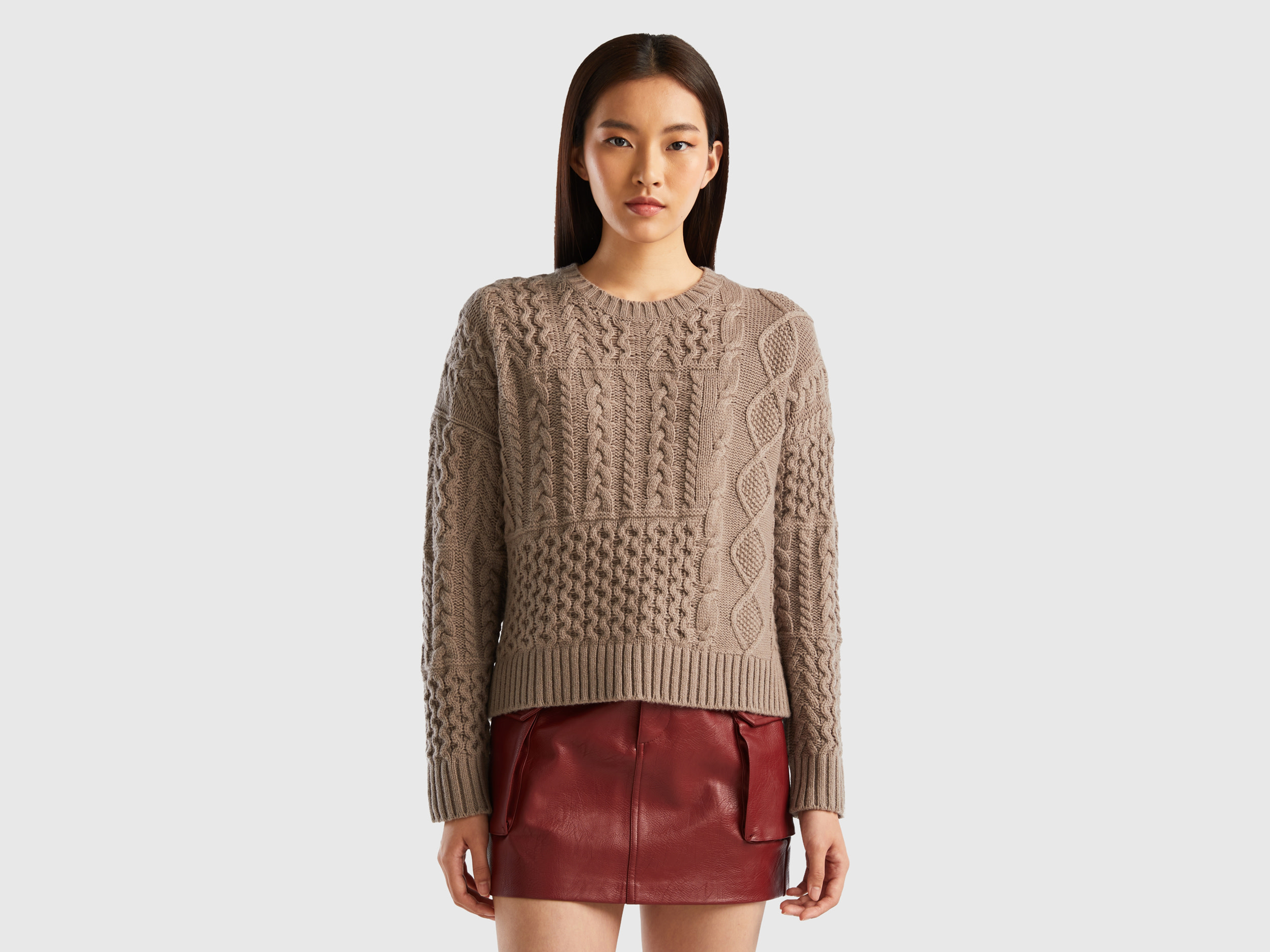 Benetton, Knit Patchwork Sweater, size L-XL, Dove Gray, Women
