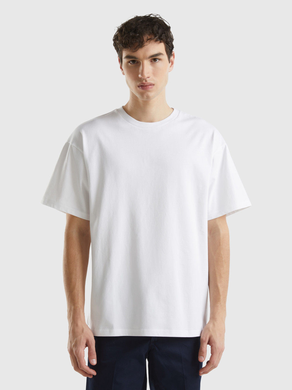 Benetton, T-shirt Over Fit In Cotone Bio, Bianco, Uomo