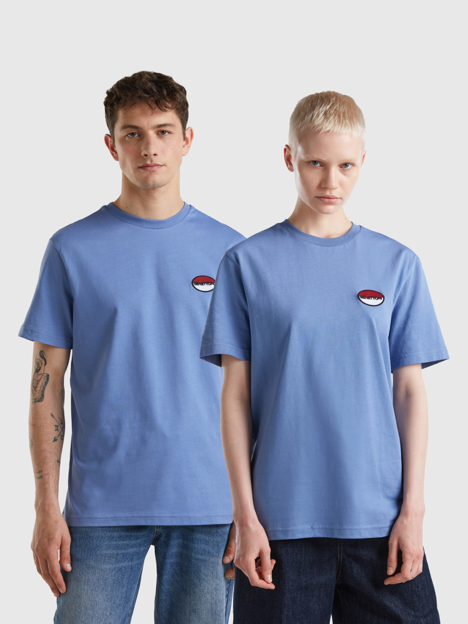 Benetton, Sky Blue T-shirt With Patch, Sky Blue, Women