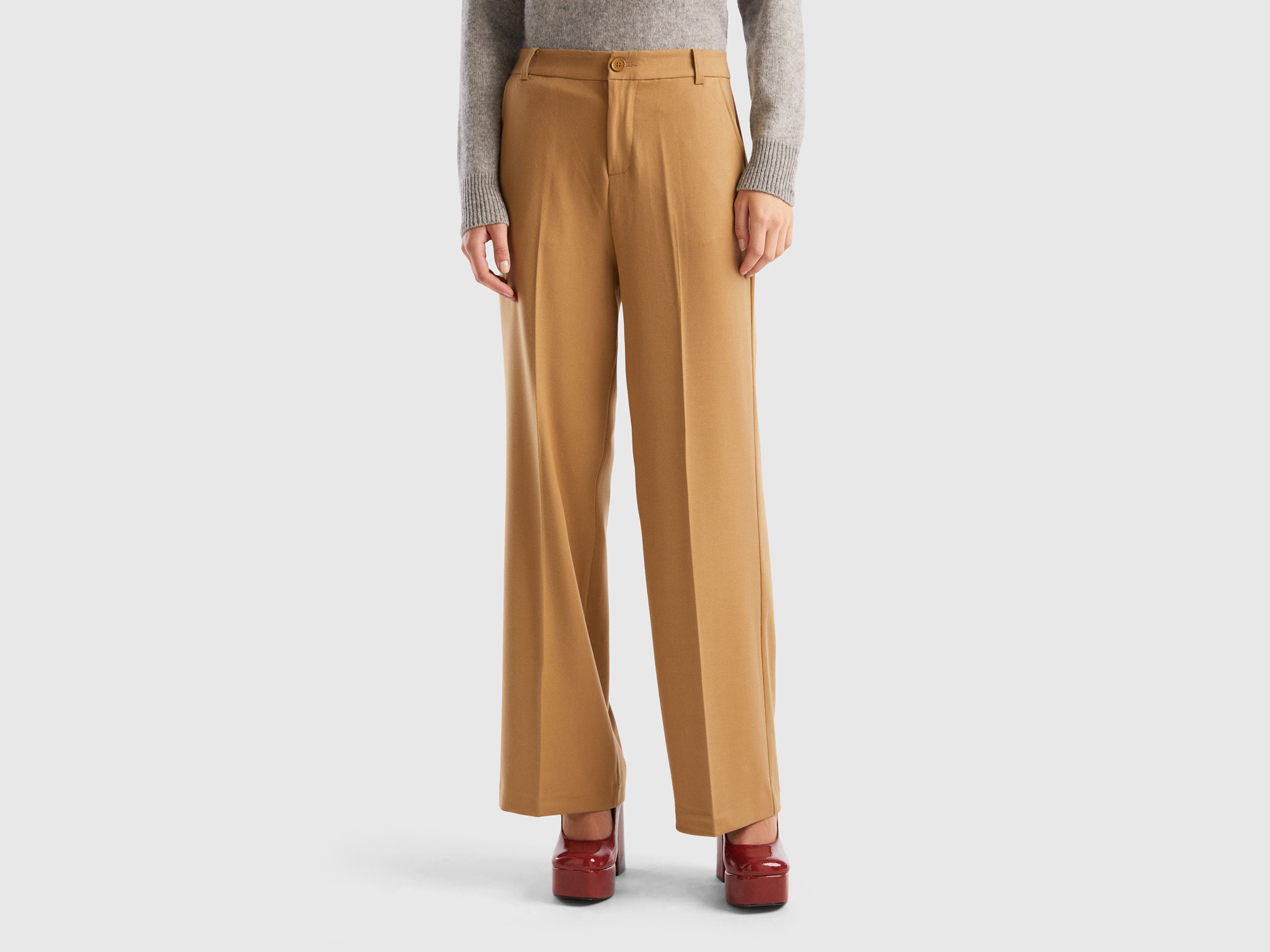 Benetton, Wide Flannel Trousers, size 12, Camel, Women