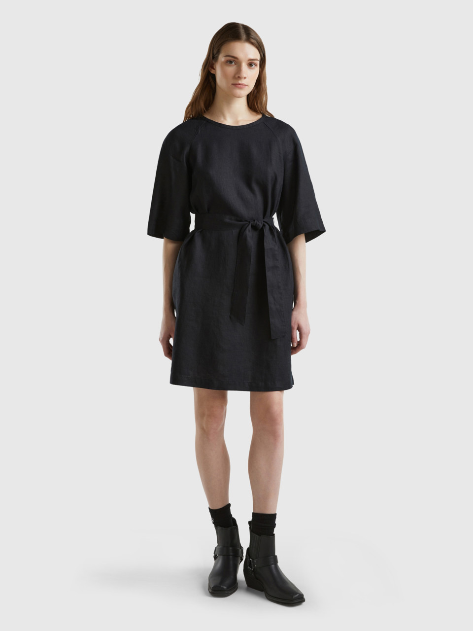 Benetton, Short Dress In Pure Linen, Black, Women
