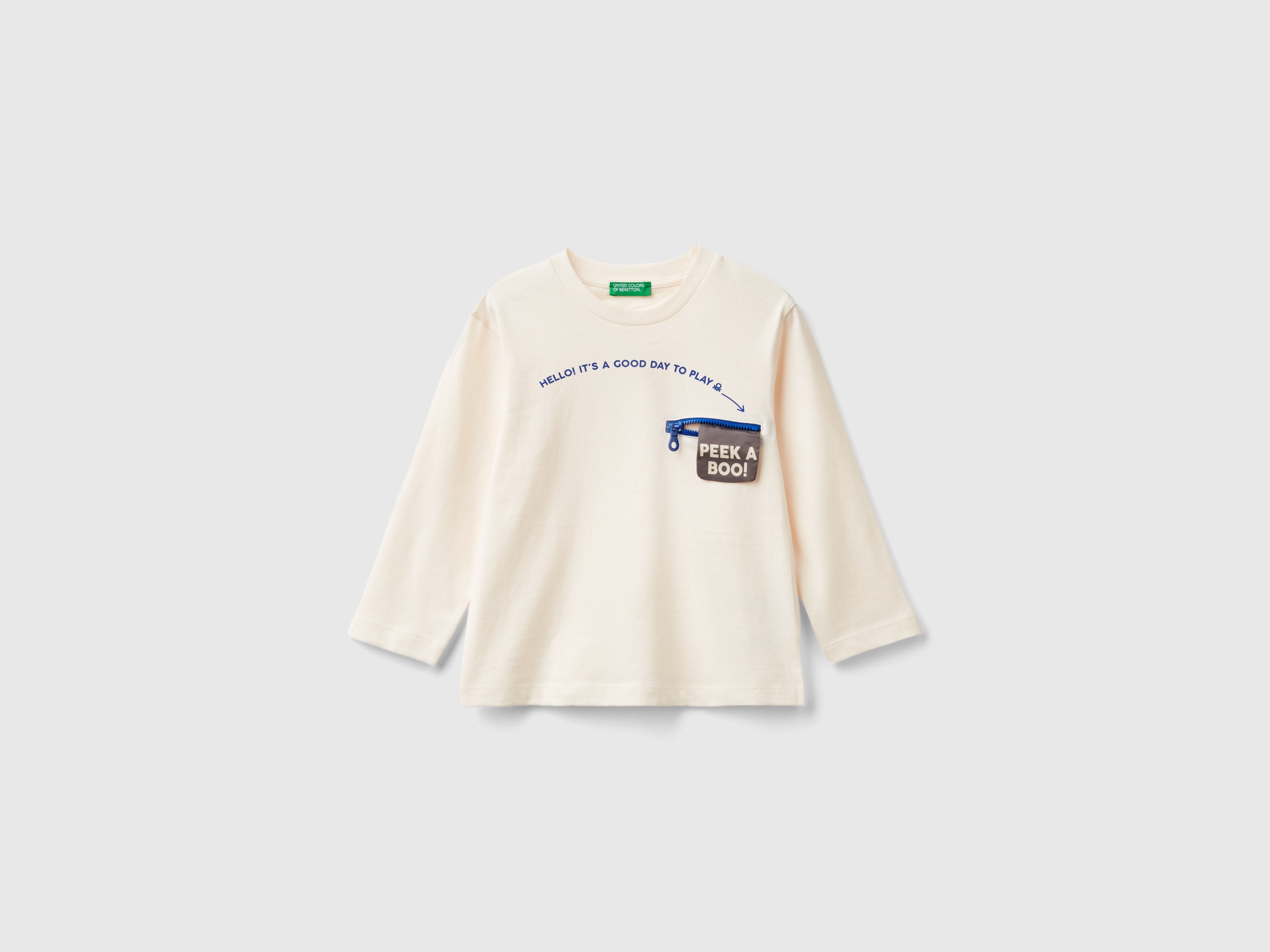 Benetton, T-shirt Con Stampa E Applicazione, Bianco Panna, Bambini
