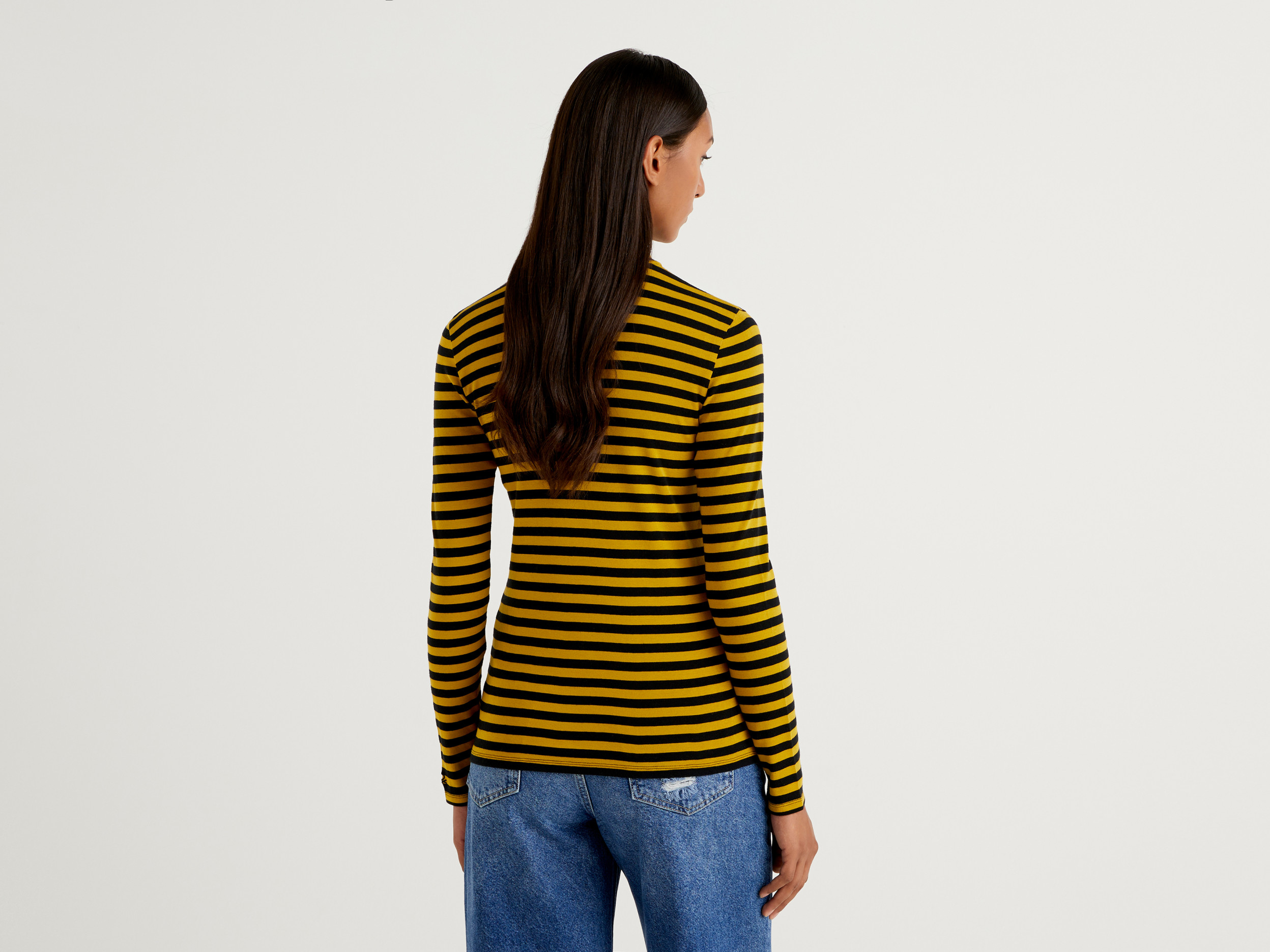 Benetton, Striped Turtleneck T-Shirt, Taglia L, Yellow, Women