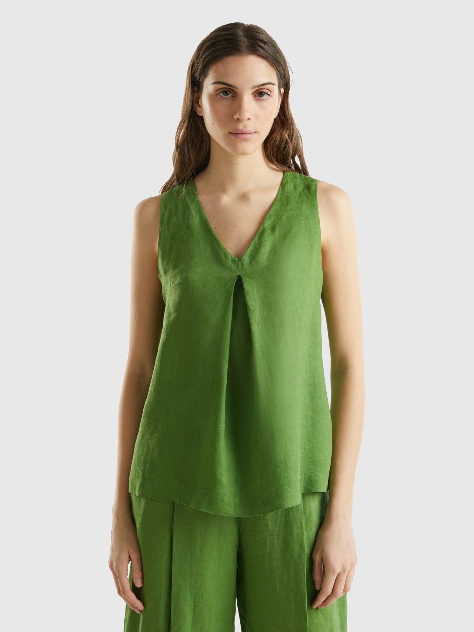 Benetton, Sleeveless Blouse In Pure Linen, Military Green, Women
